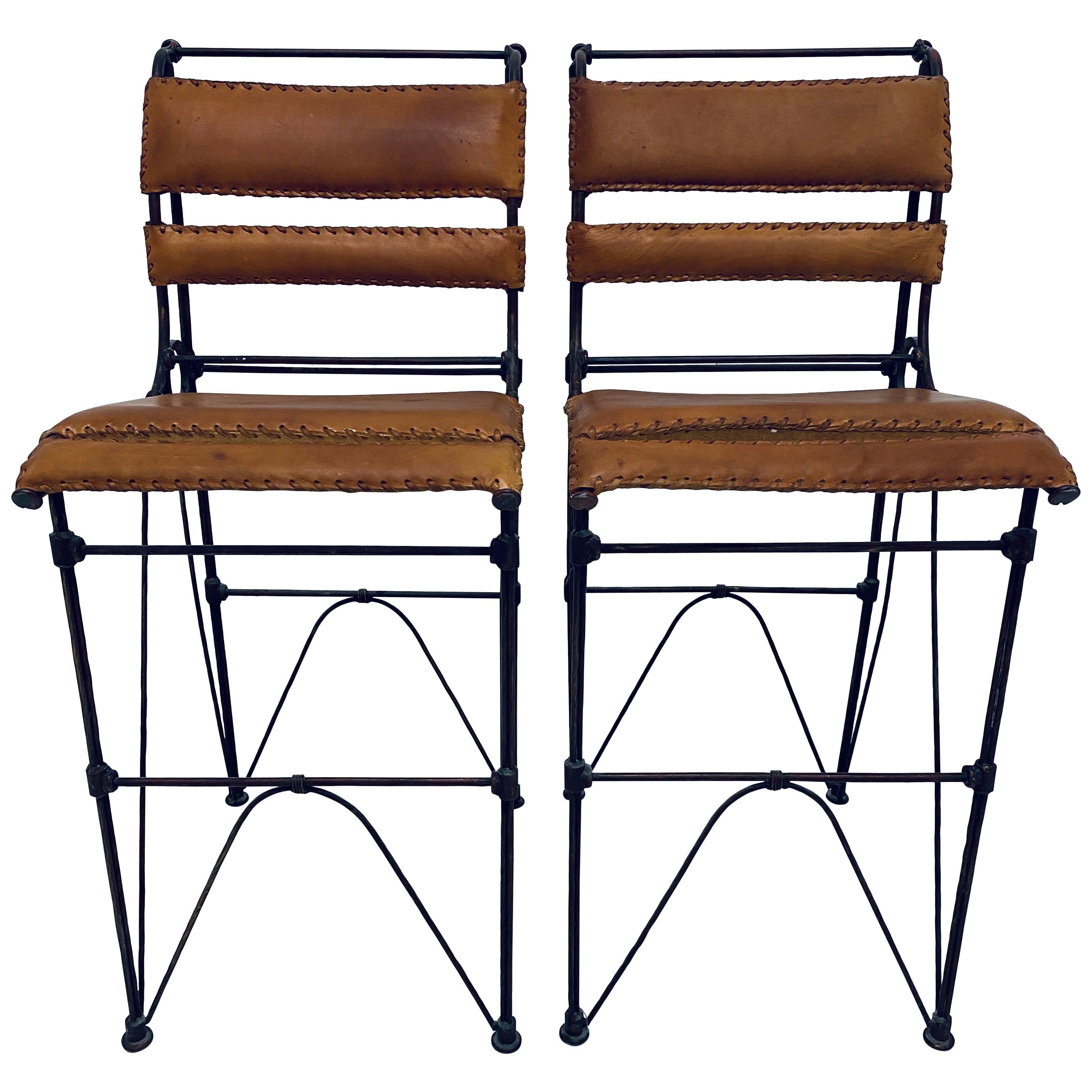 Pair of Ilana Goor Attributed Brown Leather and Iron Bar Stools