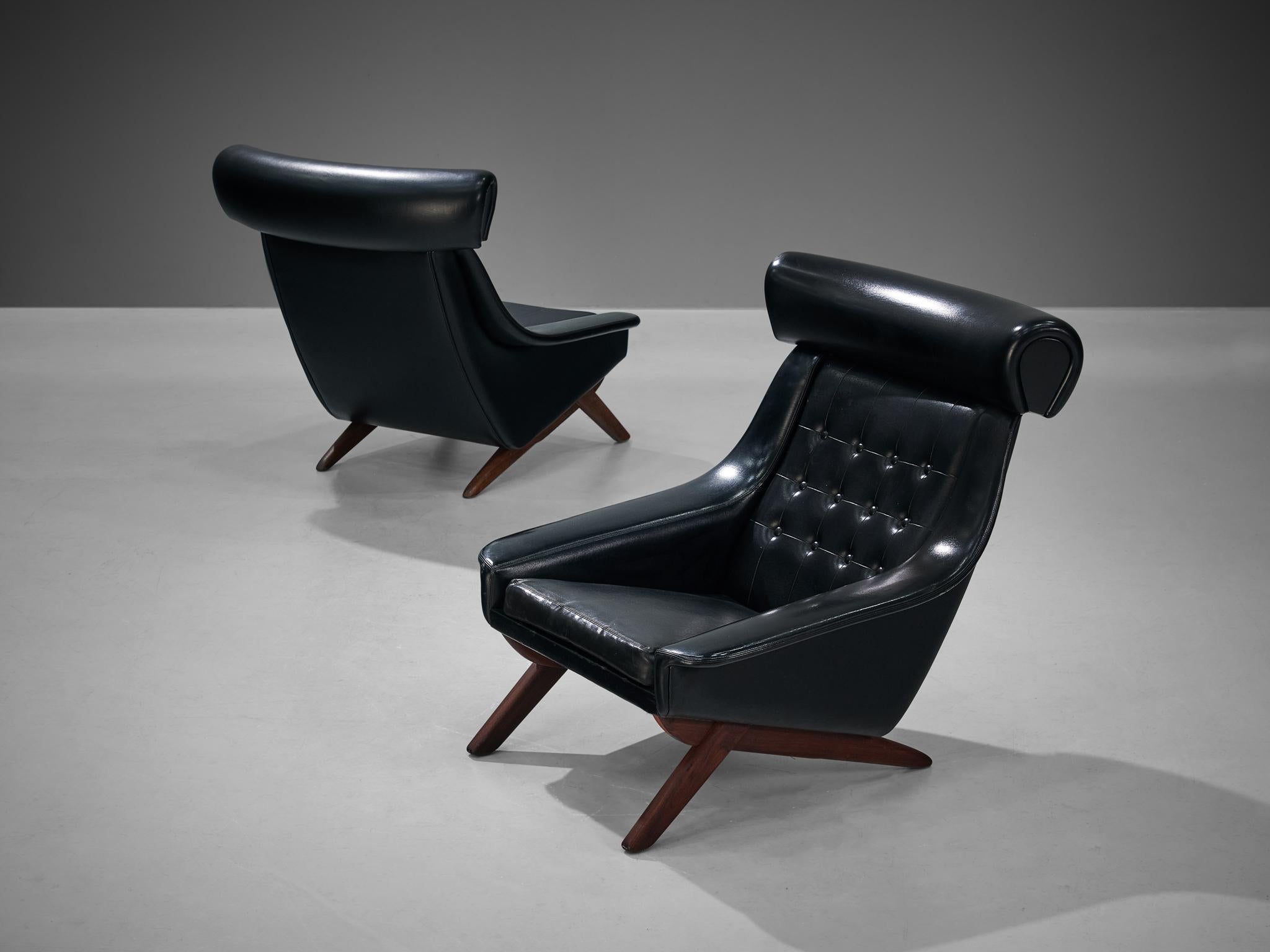 Scandinavian Modern Pair of Illum Wikkelsø Easy Chairs in Black Leatherette and Teak
