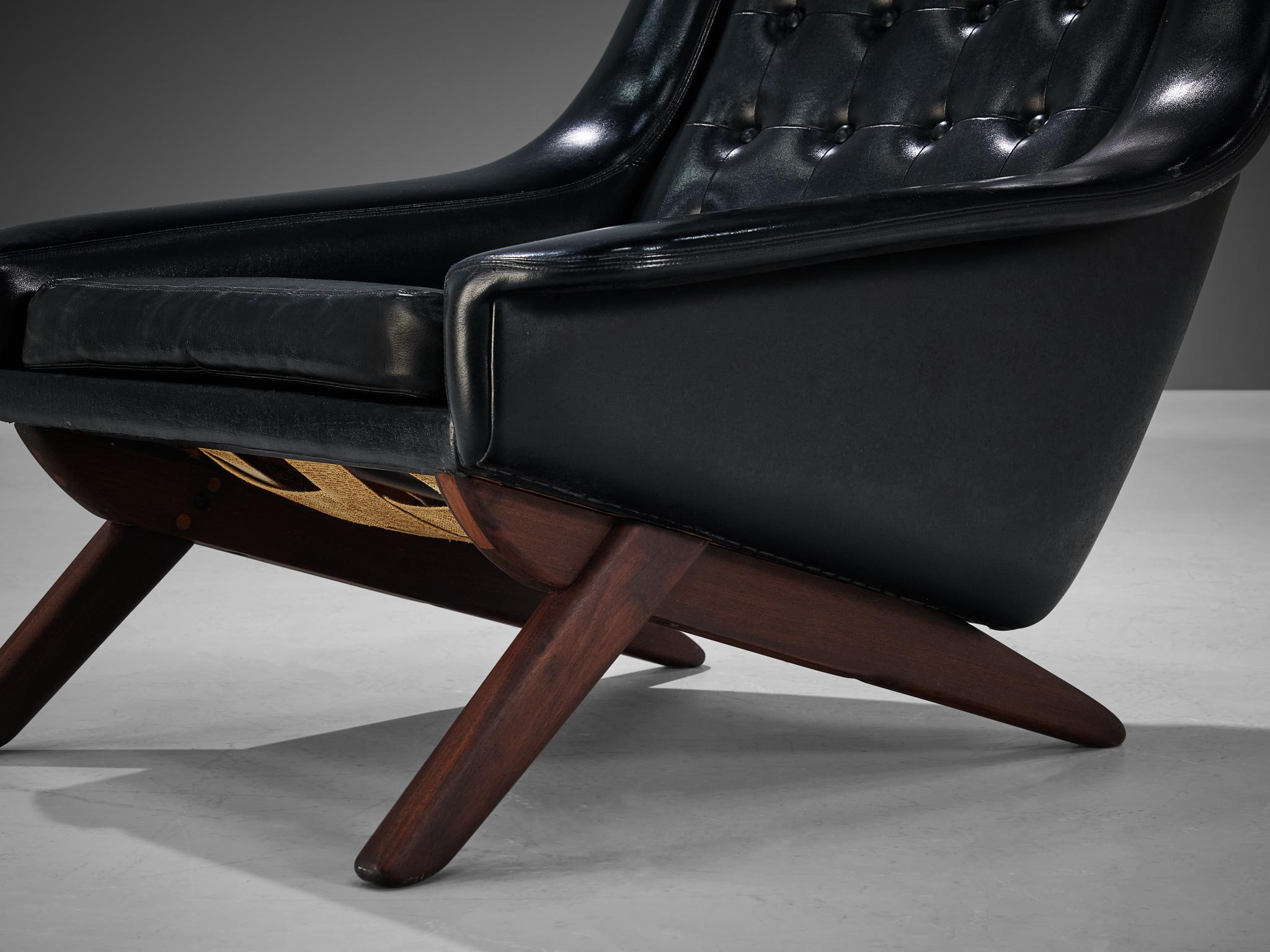 Danish Pair of Illum Wikkelsø Easy Chairs in Black Leatherette and Teak