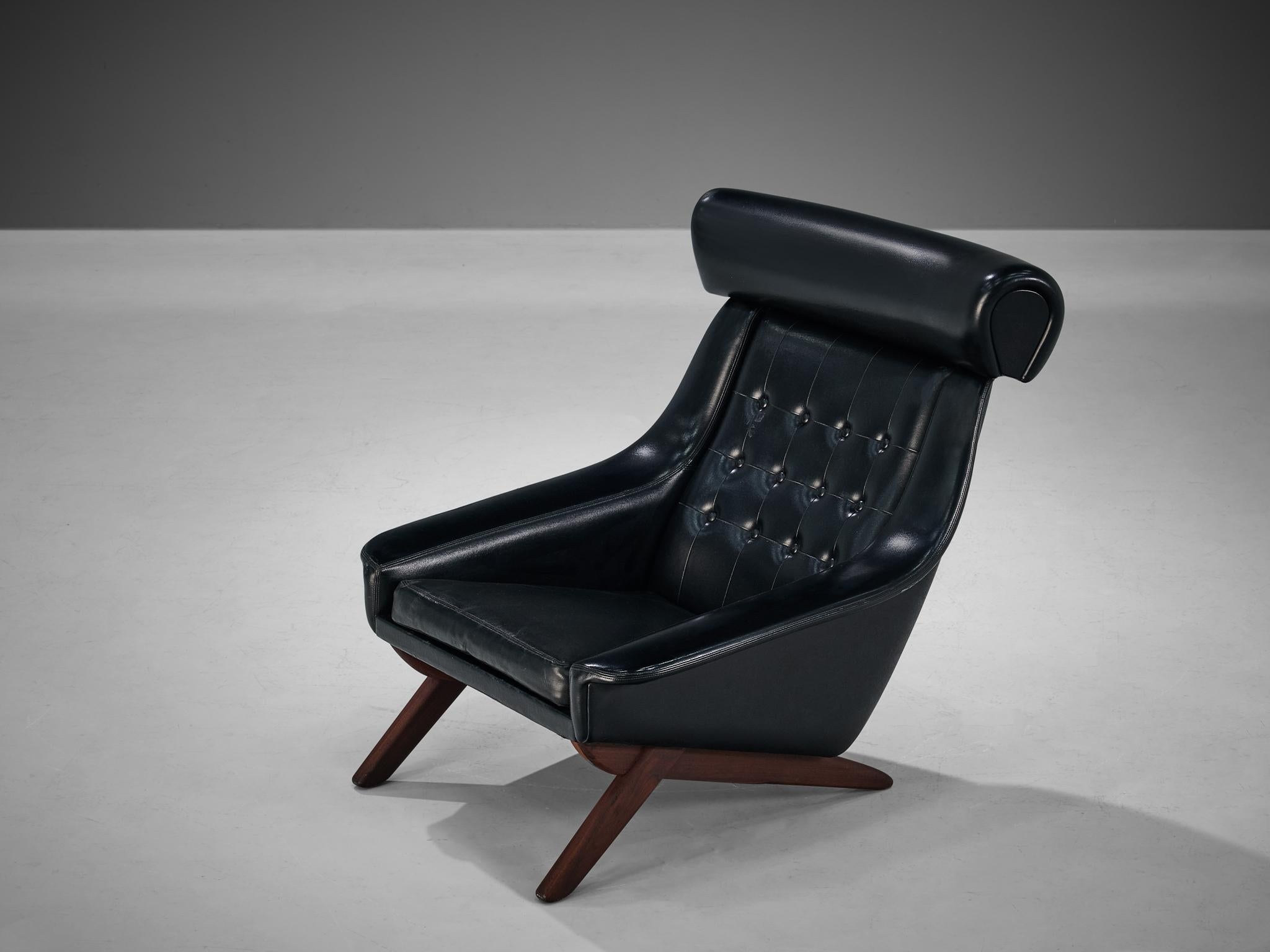 Pair of Illum Wikkelsø Easy Chairs in Black Leatherette and Teak 2