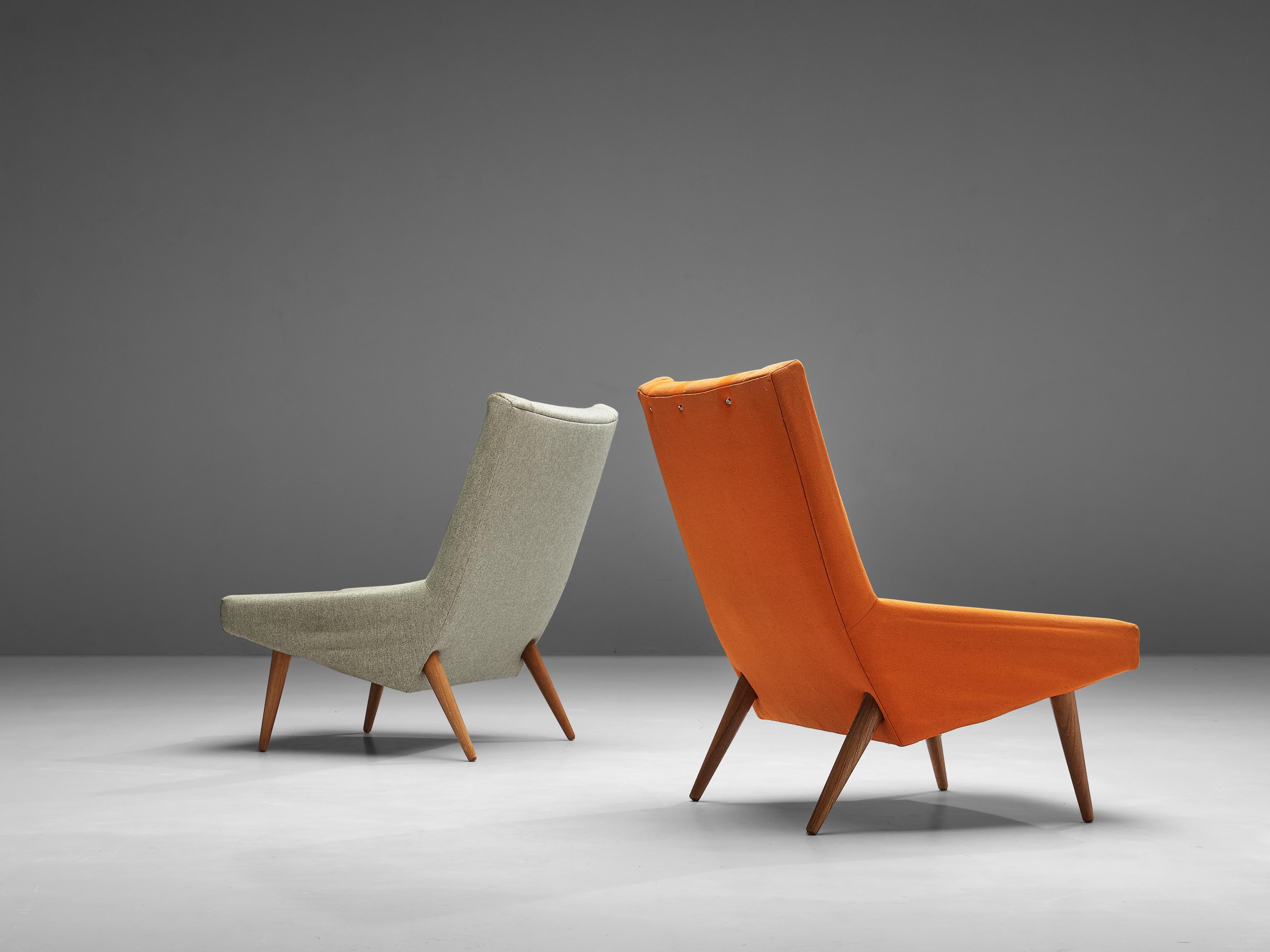 Illum Wikkelsø Paire de chaises longues en teck et tapisserie gris orange  en vente 1