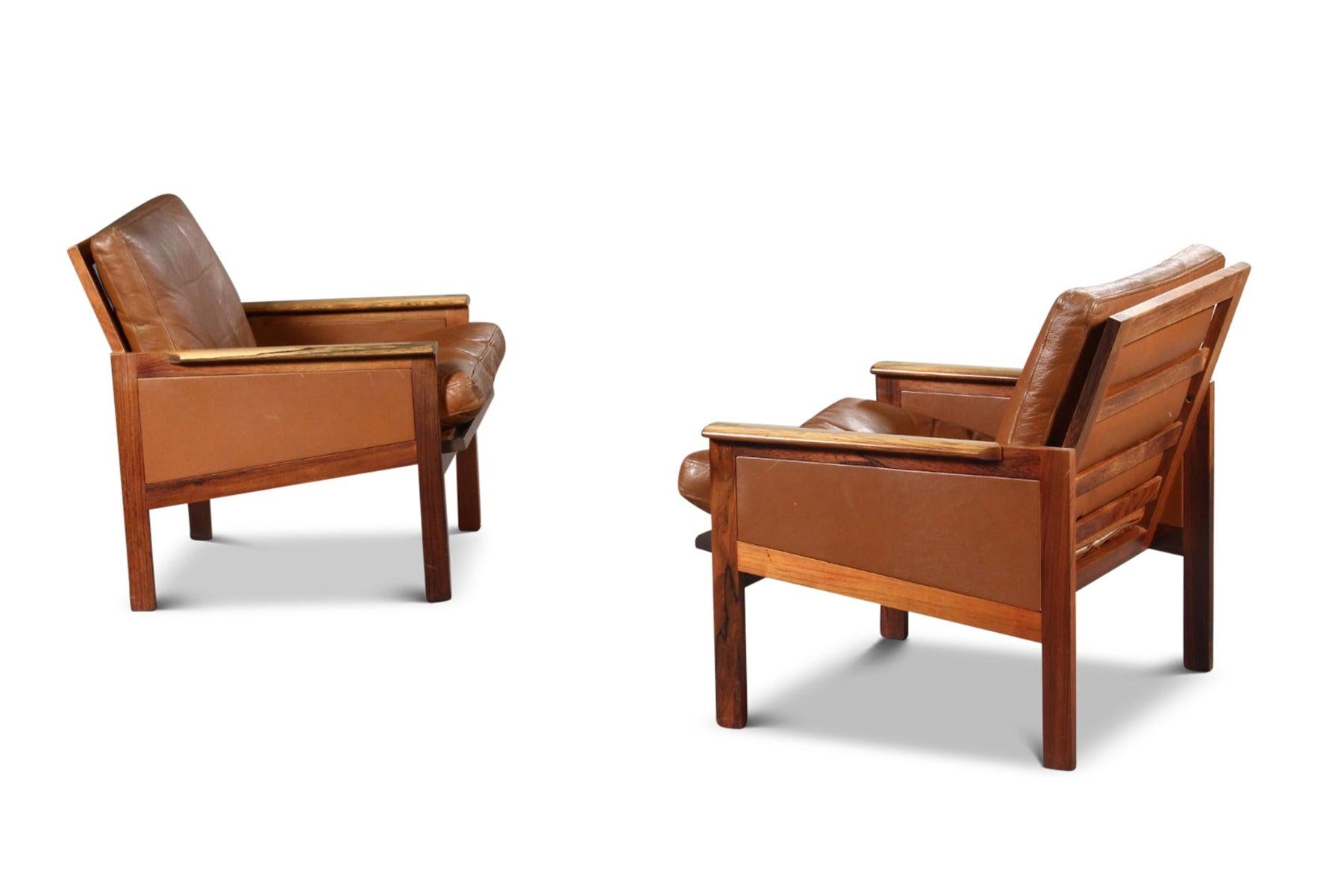 Mid-Century Modern Pair of Illum Wikkelso Danish Modern 'Capella' Chairs in Rosewood + Leather