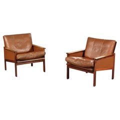Pair of Illum Wikkelso Danish Modern 'Capella' Chairs in Rosewood + Leather