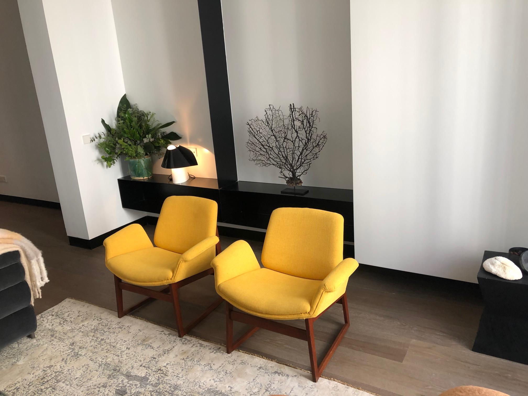 Pair of Illum Wikkelso Wooden Armchairs with Yellow Covers 3