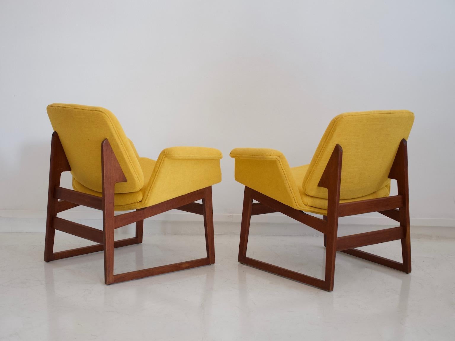 Italian Pair of Illum Wikkelso Wooden Armchairs with Yellow Covers