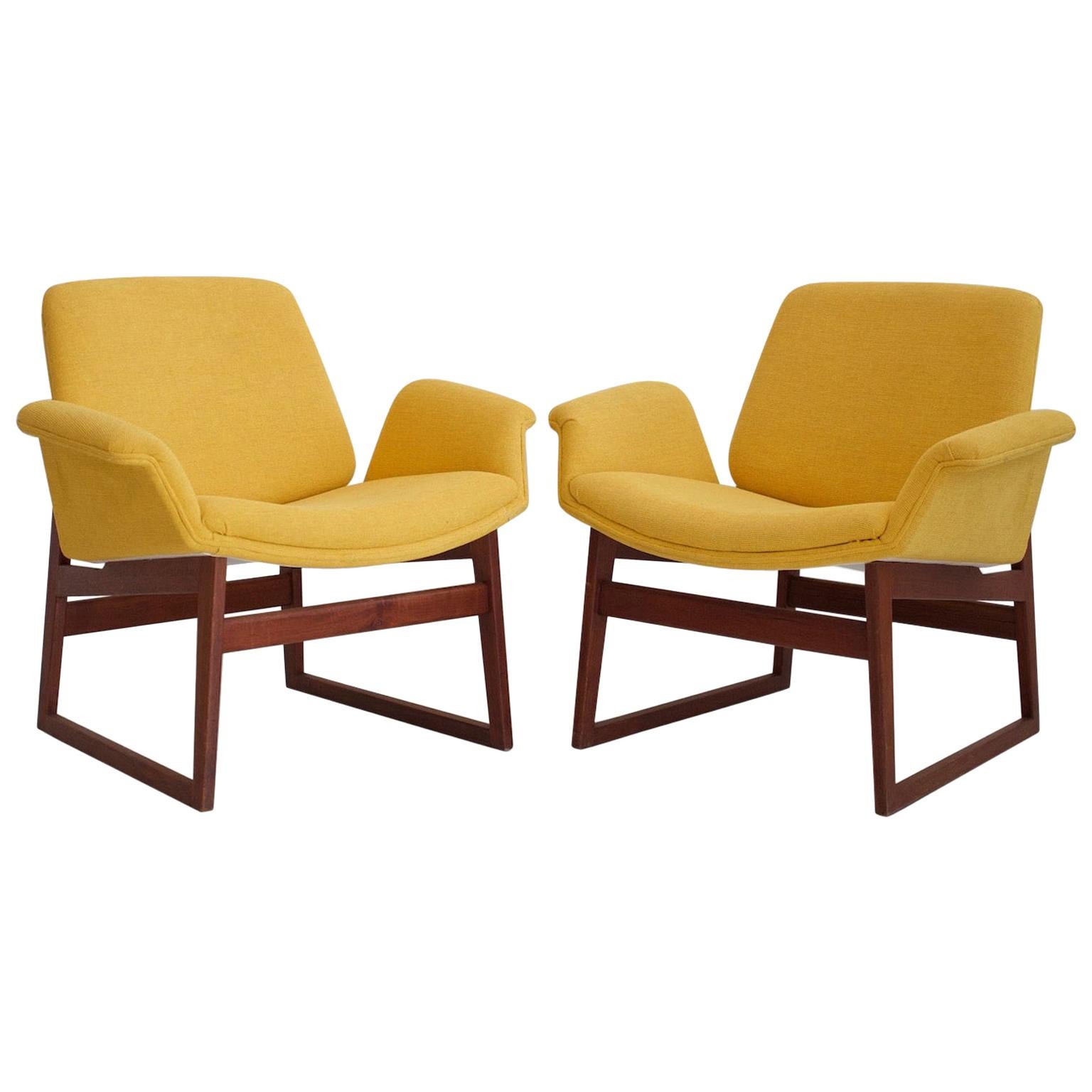 Pair of Illum Wikkelso Wooden Armchairs with Yellow Covers