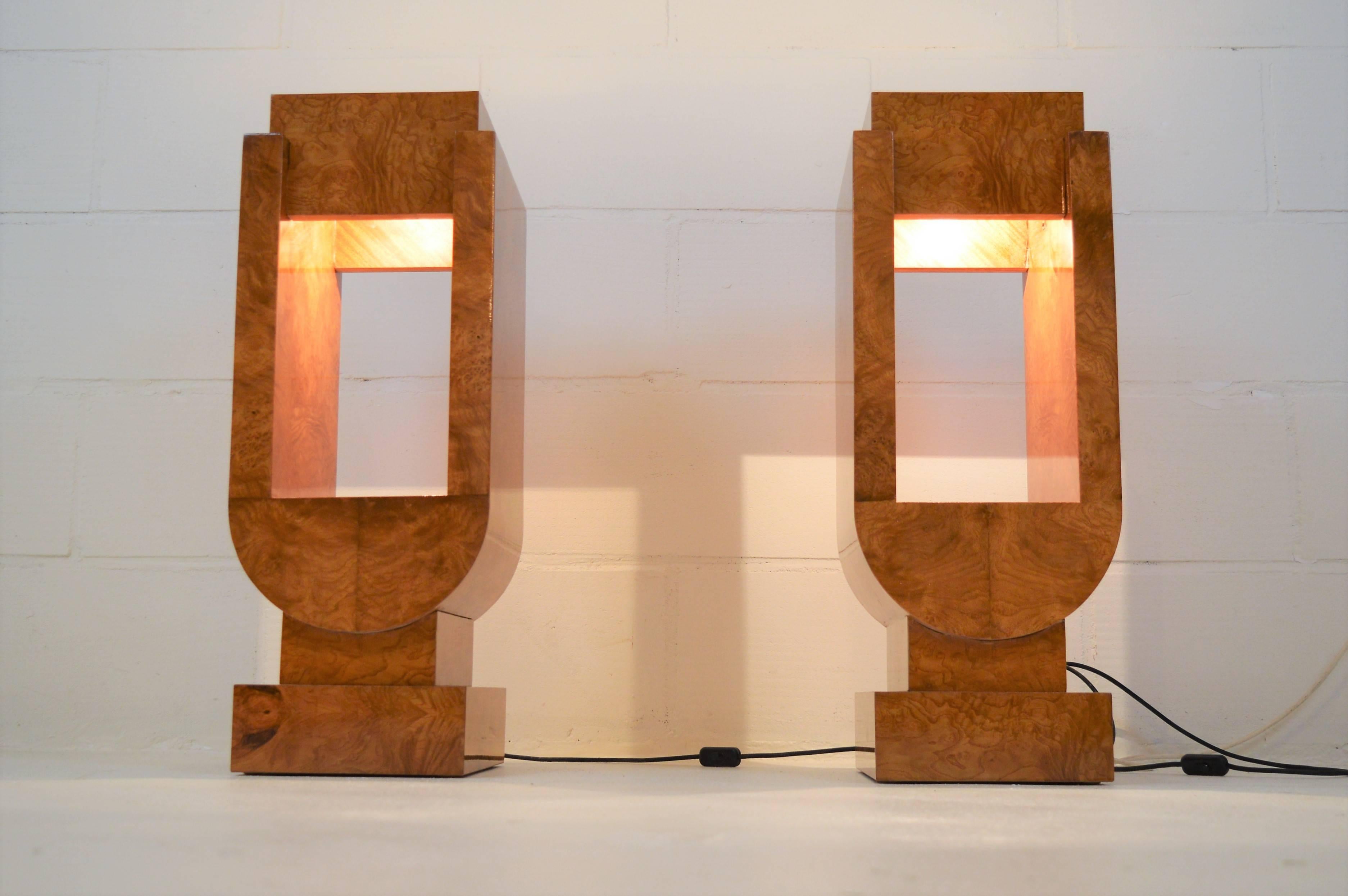 French Pair of Illuminated Art Deco Pedestals in Ash Wood, 1930