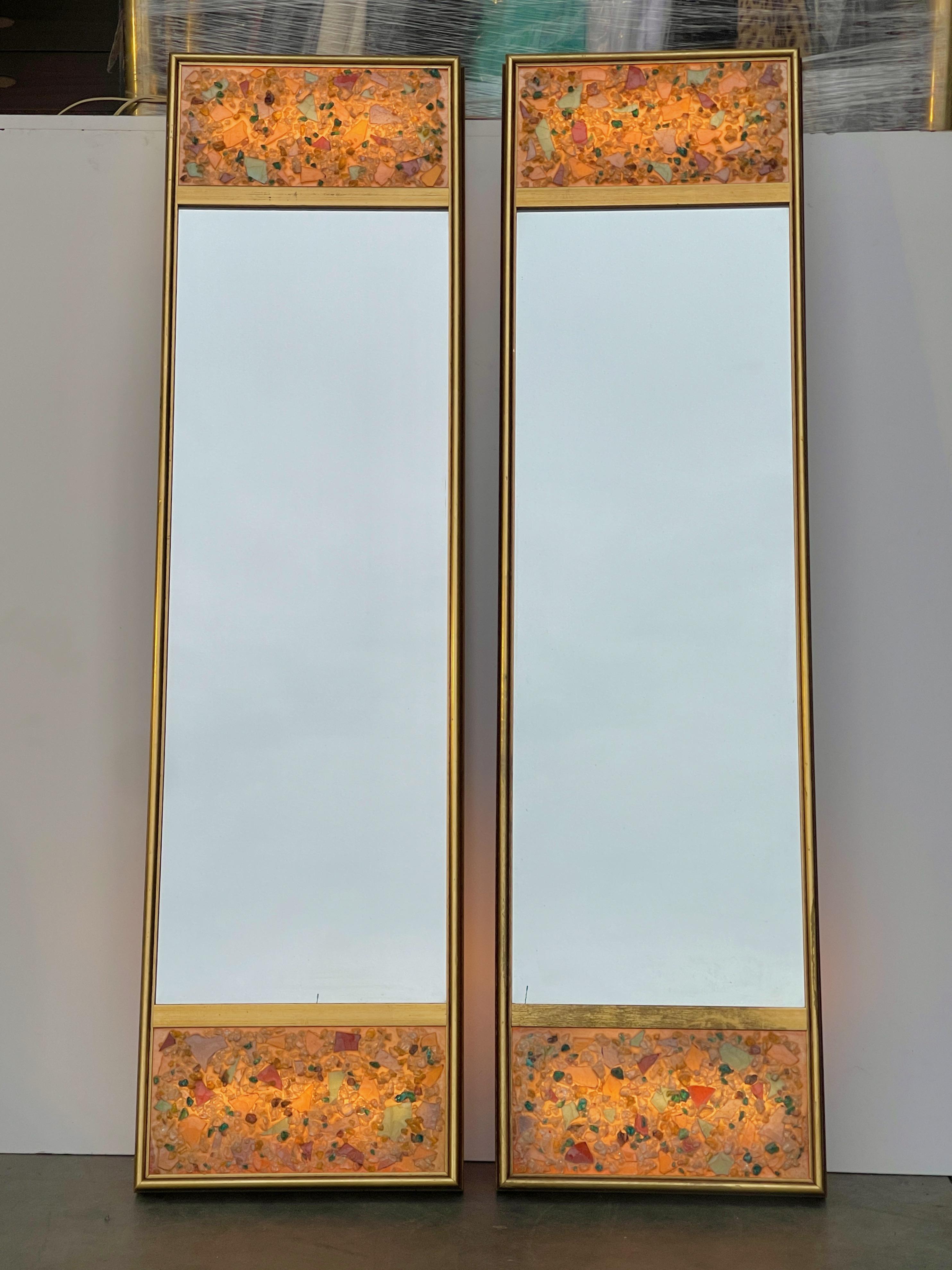 American Pair of Illuminated Gilt Mirrors with Crushed Chunk Resin Cullet For Sale