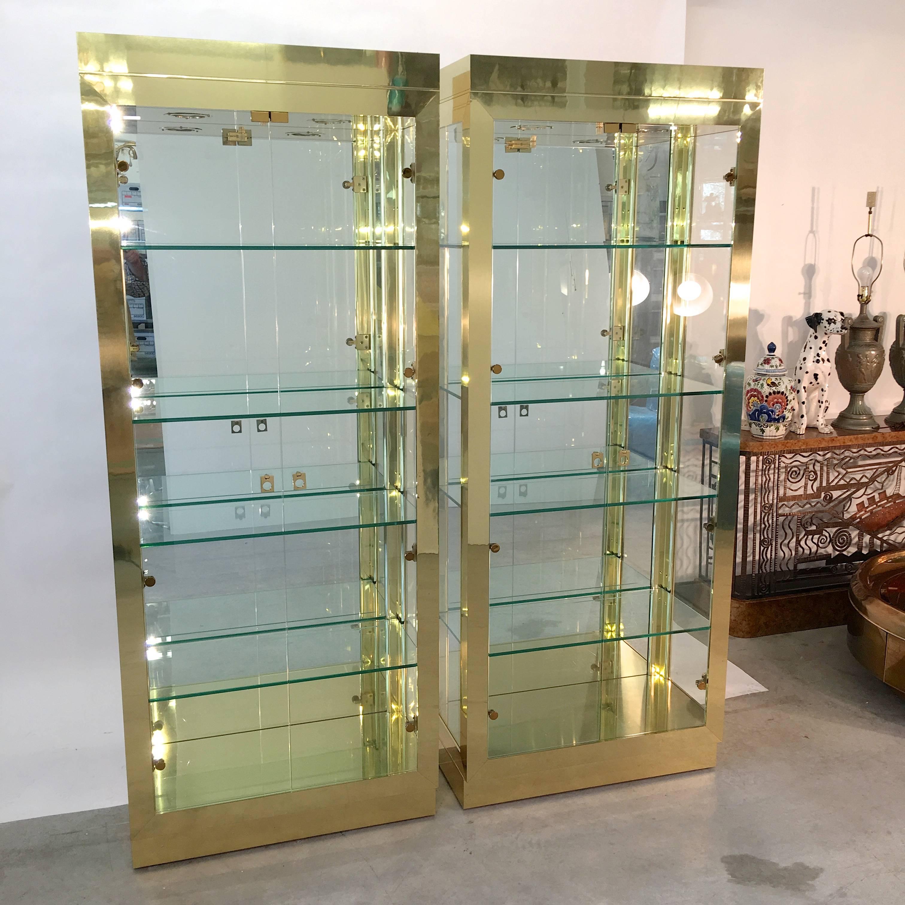 American Pair of Illuminated Polished Brass Vitrines