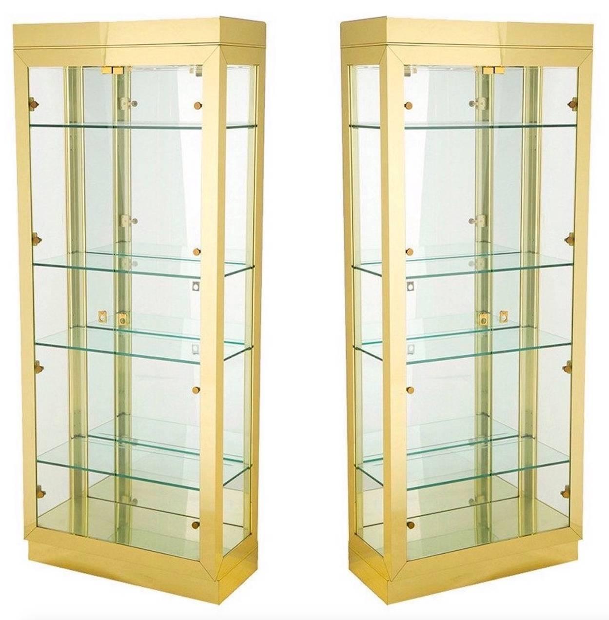 Pair of Illuminated Polished Brass Vitrines