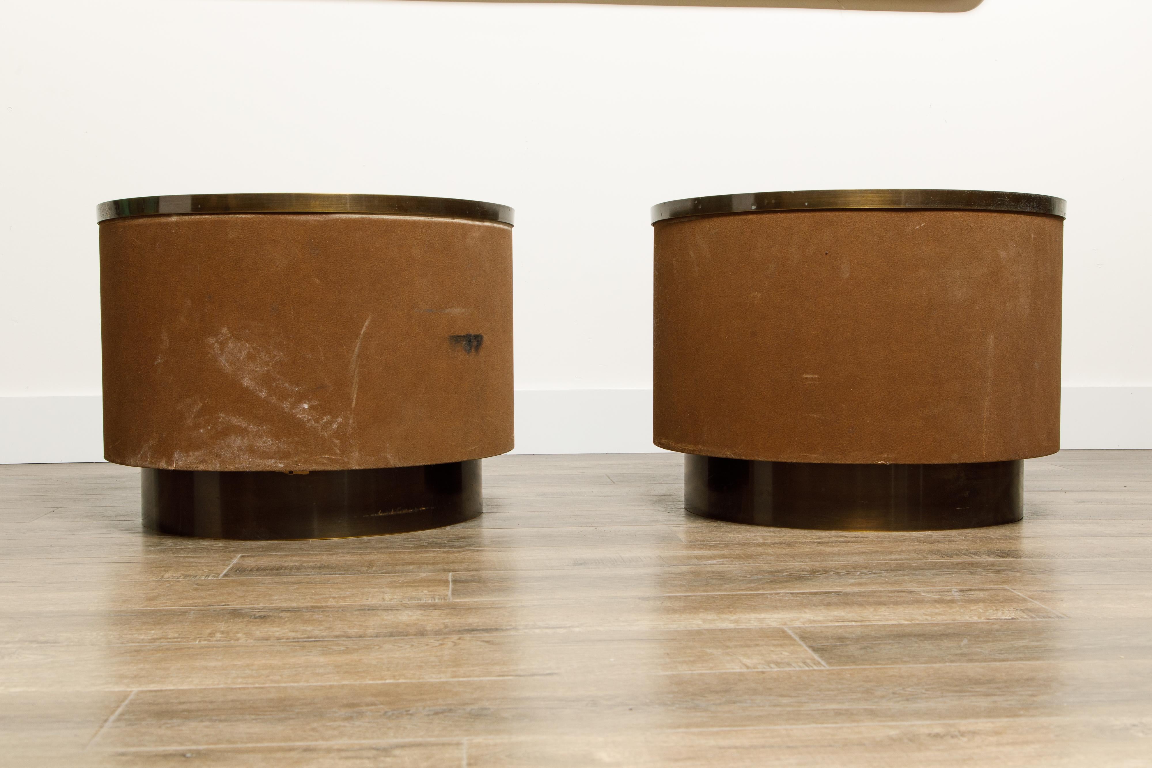 Pair of Illuminated Suede Drum Side Tables by Steve Chase, c. 1980 3