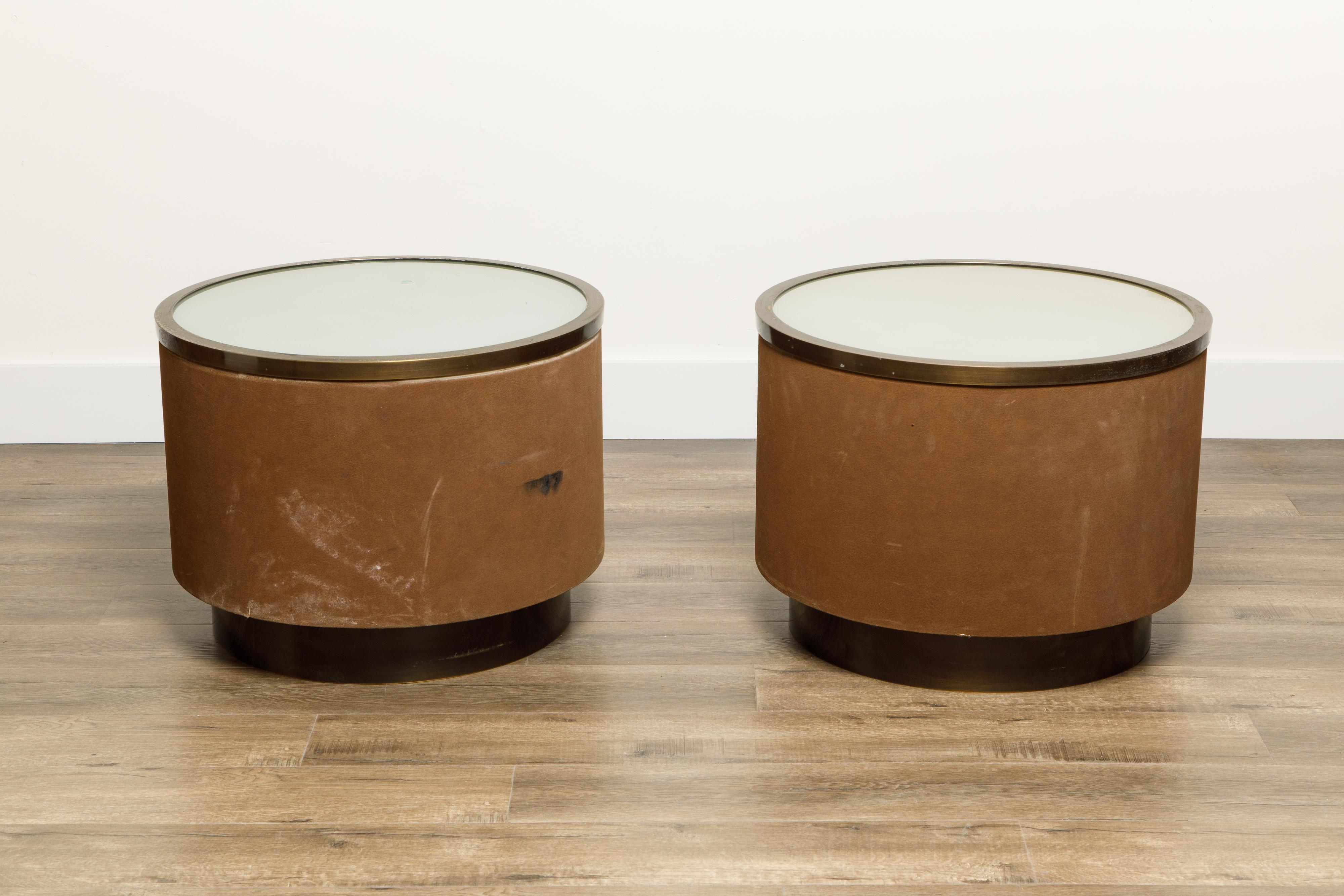 Post-Modern Pair of Illuminated Suede Drum Side Tables by Steve Chase, c. 1980