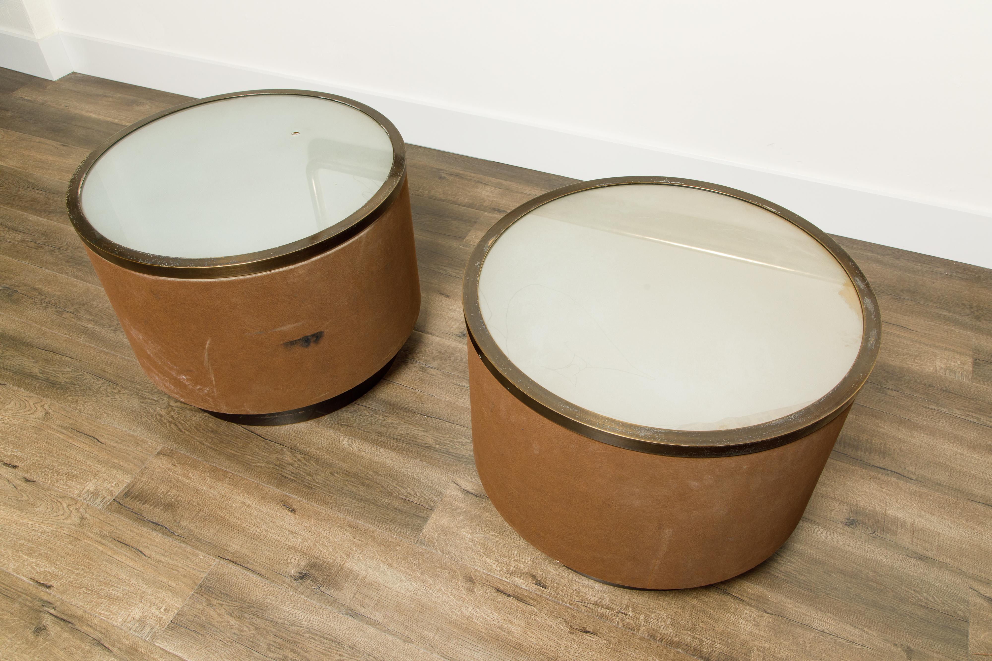 American Pair of Illuminated Suede Drum Side Tables by Steve Chase, c. 1980