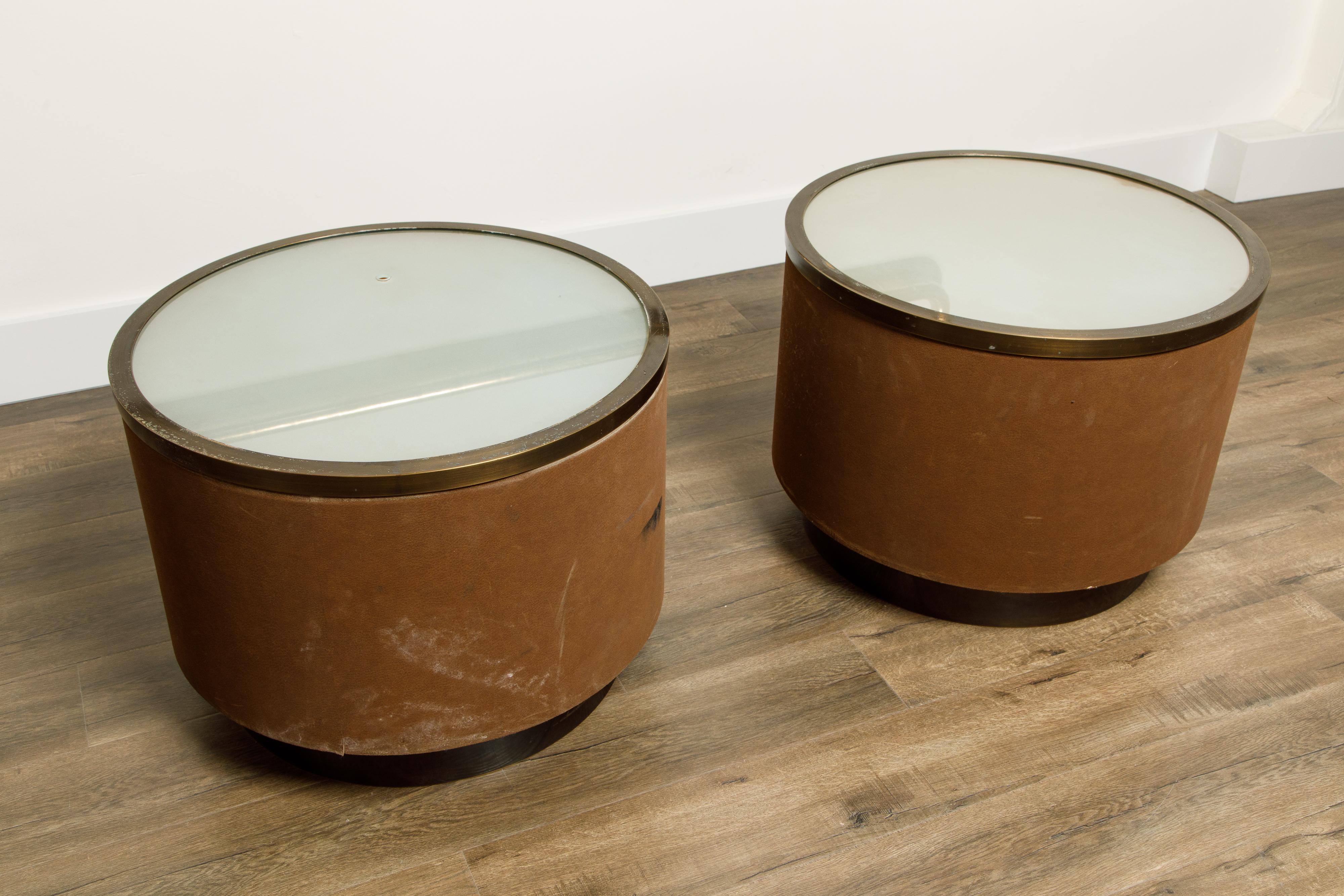 Pair of Illuminated Suede Drum Side Tables by Steve Chase, c. 1980 In Fair Condition In Los Angeles, CA