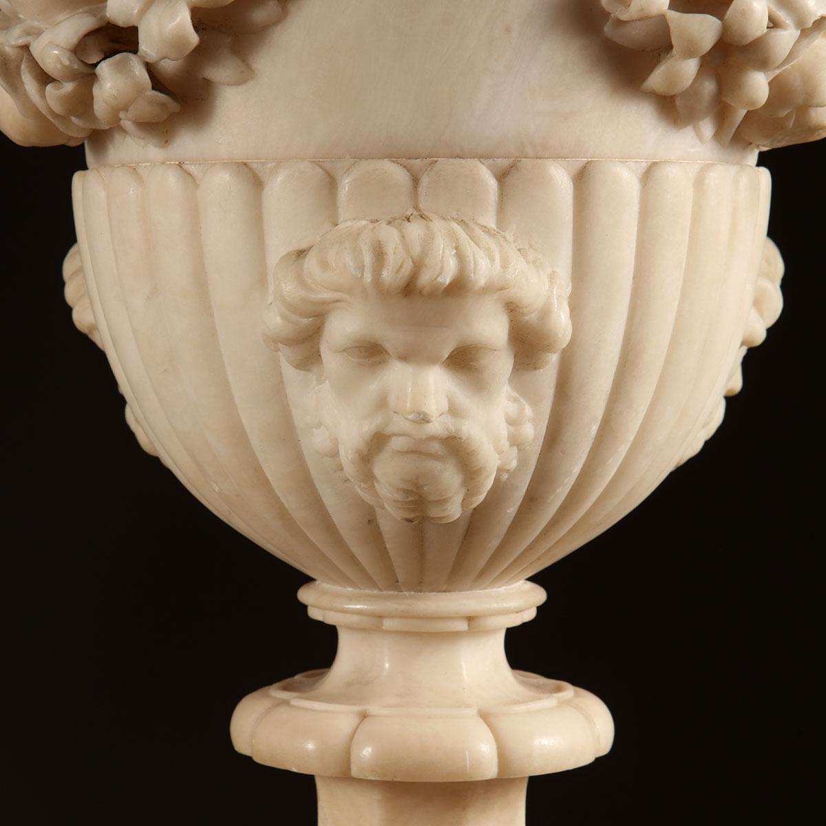Adam Style Pair of Illuminating Classical Alabaster Columns and Vases For Sale