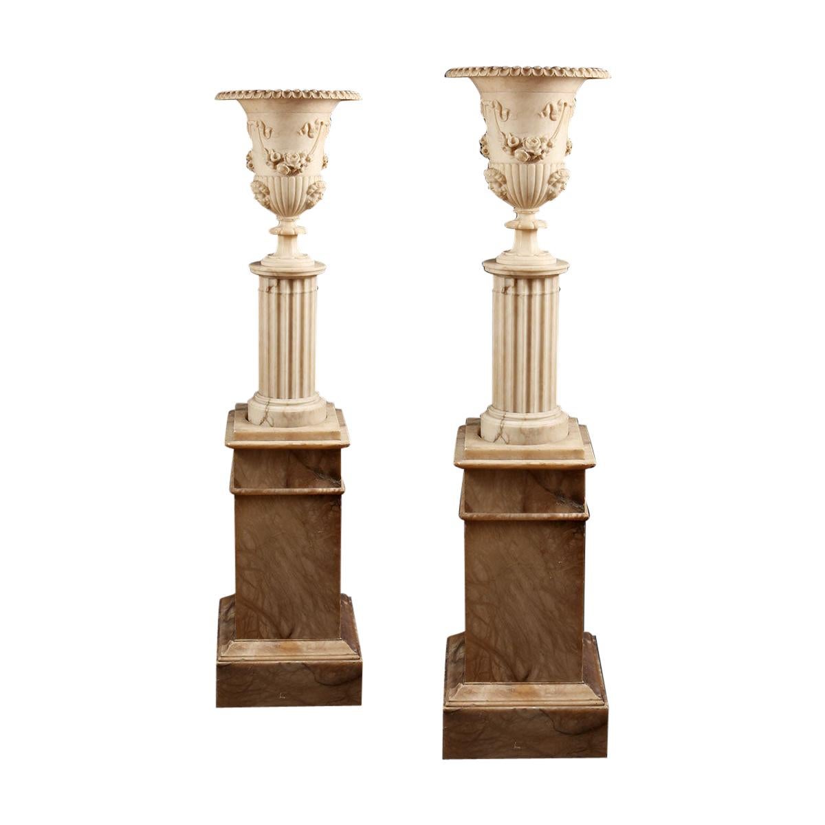 Pair of Illuminating Classical Alabaster Columns and Vases For Sale