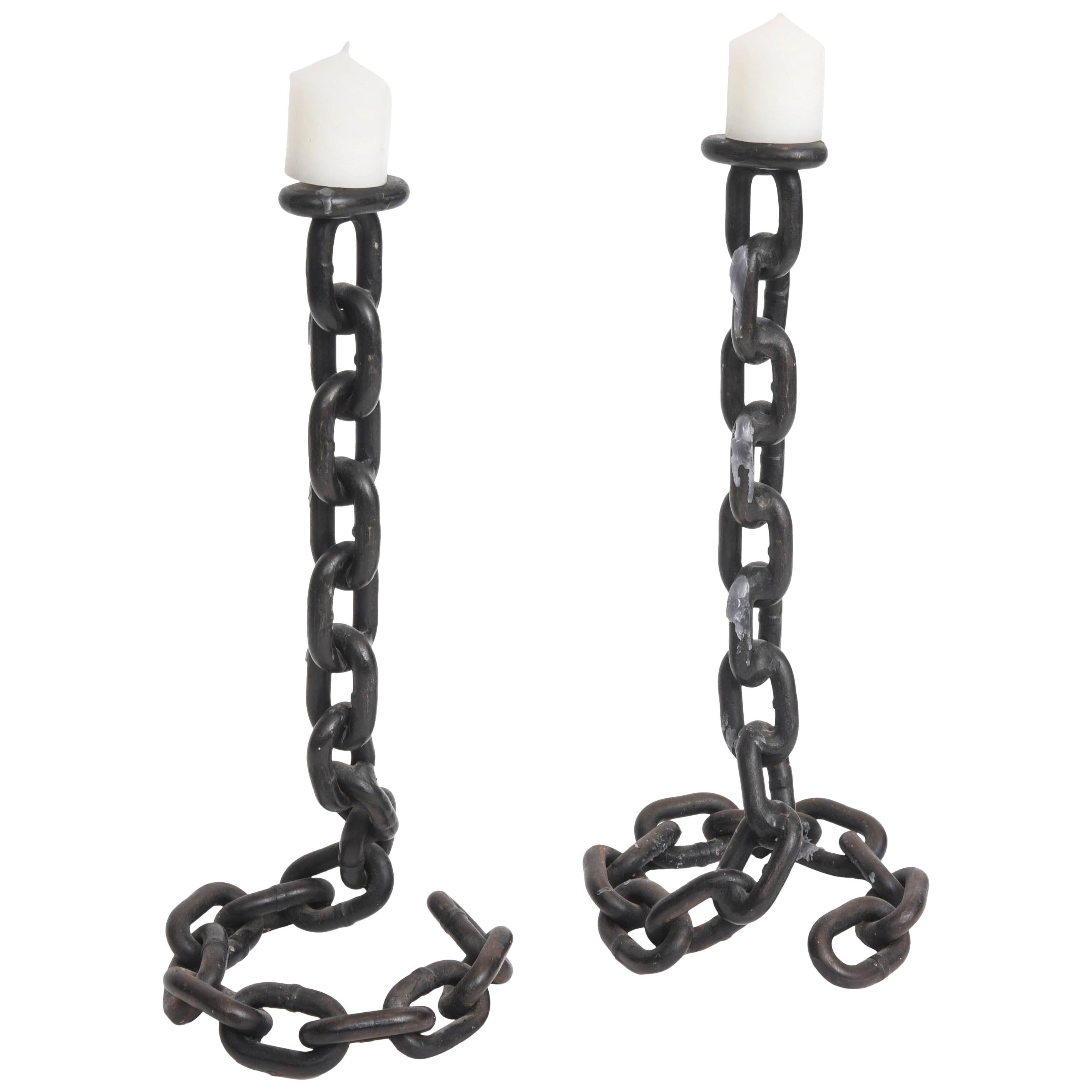 Pair of Illusionistic Iron Chain Link Candlesticks at 1stDibs