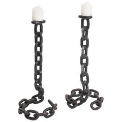 Pair of Illusionistic Iron Chain Link Candlesticks