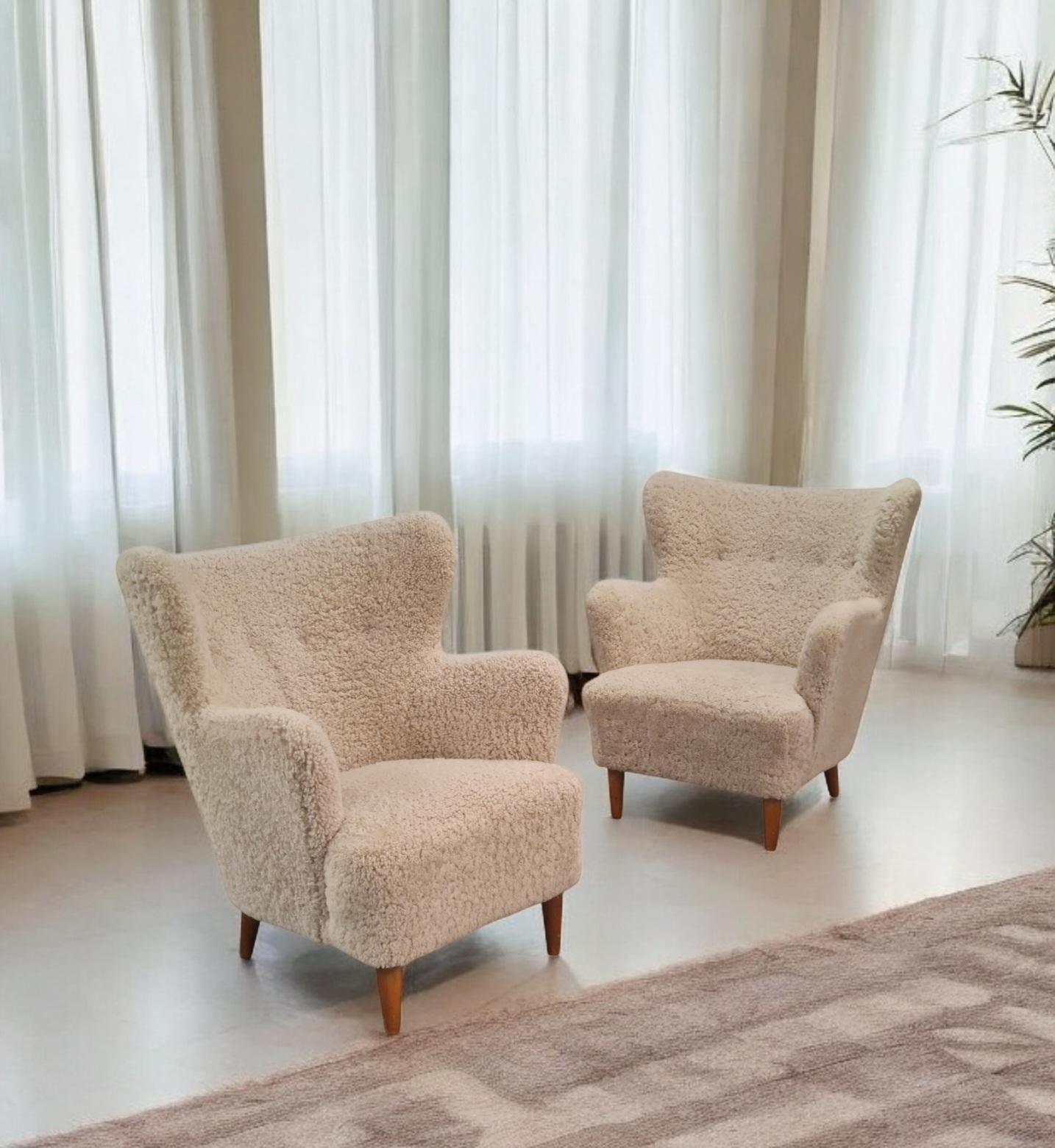 Pair Of Ilmari Lappalainen Laila Arm Chairs Model 238 in Sheepskin, Asko 1940s 3