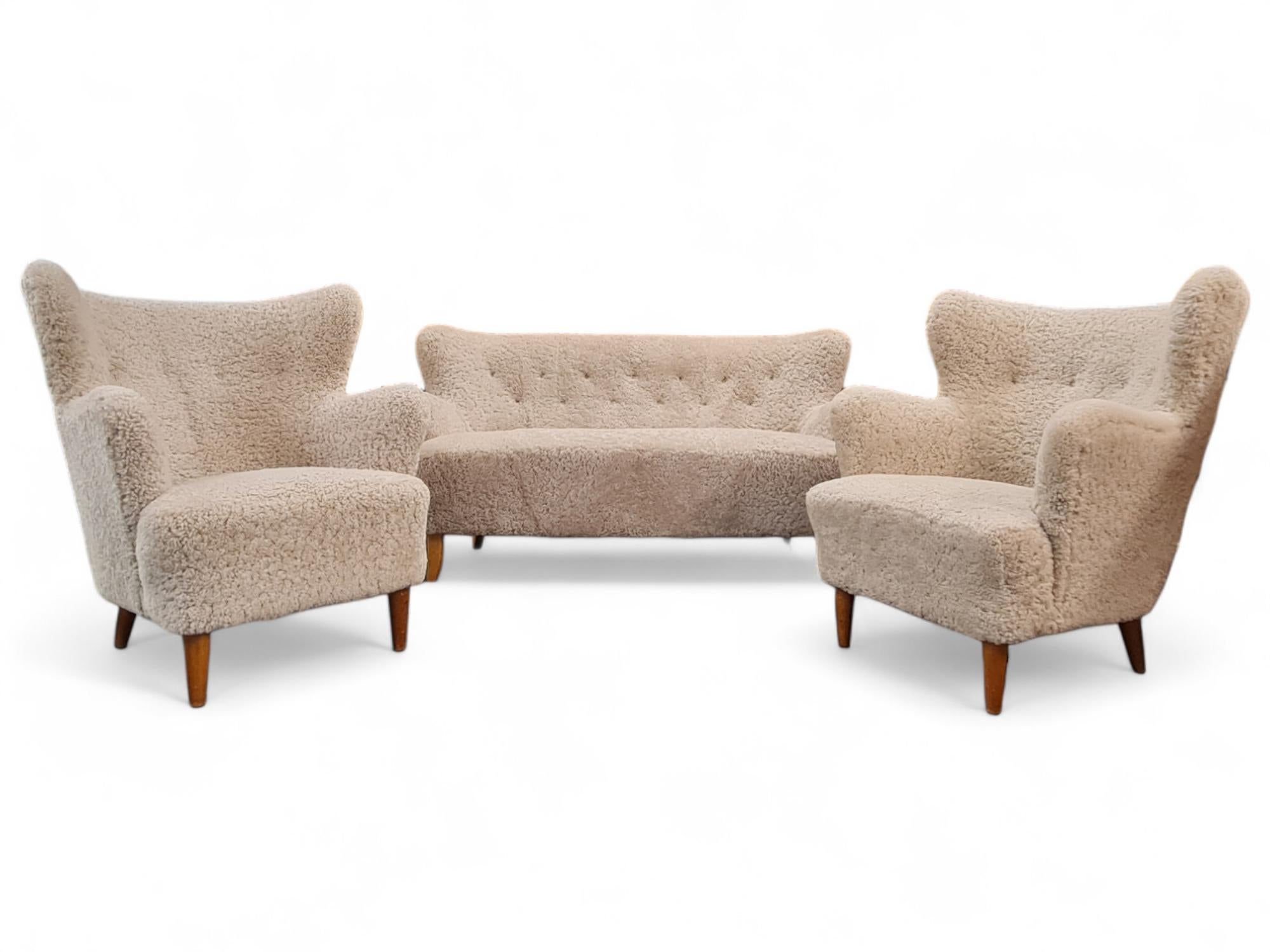 Pair Of Ilmari Lappalainen Laila Arm Chairs Model 238 in Sheepskin, Asko 1940s 4