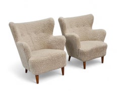 Pair Of Ilmari Lappalainen Laila Arm Chairs Model 238 in Sheepskin, Asko 1940s