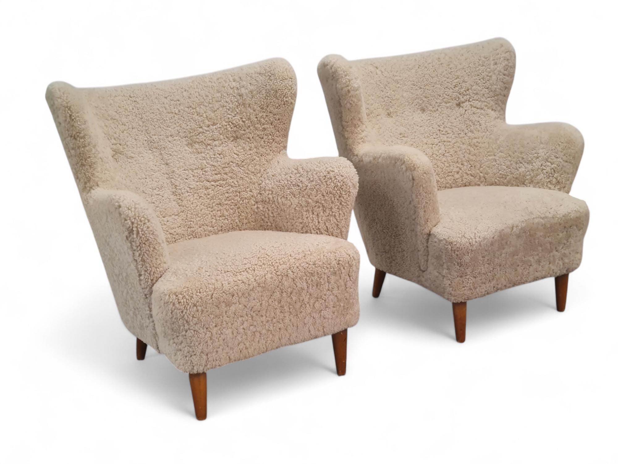 Birch Pair Of Ilmari Lappalainen Laila Arm Chairs Model 238 in Sheepskin, Asko 1940s