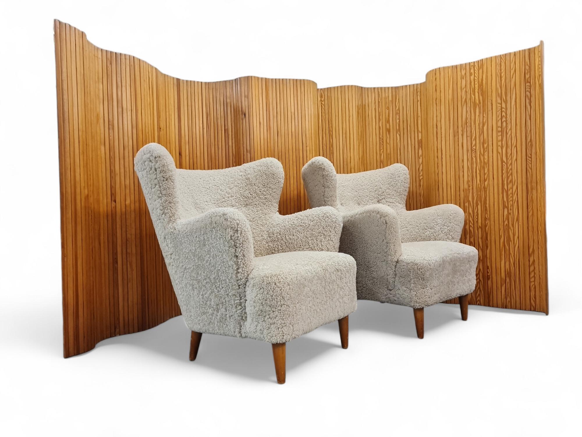 Pair Of Ilmari Lappalainen Laila Arm Chairs Model 238 in Sheepskin, Asko 1940s 1