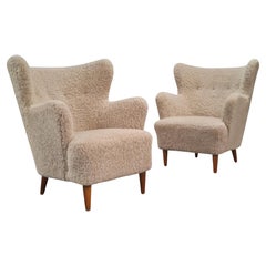 Pair Of Ilmari Lappalainen Laila Arm Chairs Model 238 in Sheepskin, Asko 1940s
