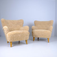 Pair Of Ilmari Lappalainen Laila Armchairs Model 238 in Sheepskin, Asko 1940s