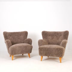 Pair Of Ilmari Lappalainen Laila Armchairs Model 238 in Sheepskin, Asko 1940s