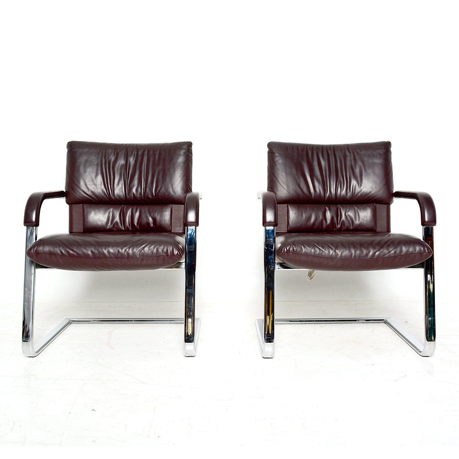 For your consideration a pair of Imago office armchairs designed by Mario Bellini for Vitra.
Chrome-plated steel frame with burgundy leather.
Signed by Mario Bellini.
9/11/86.