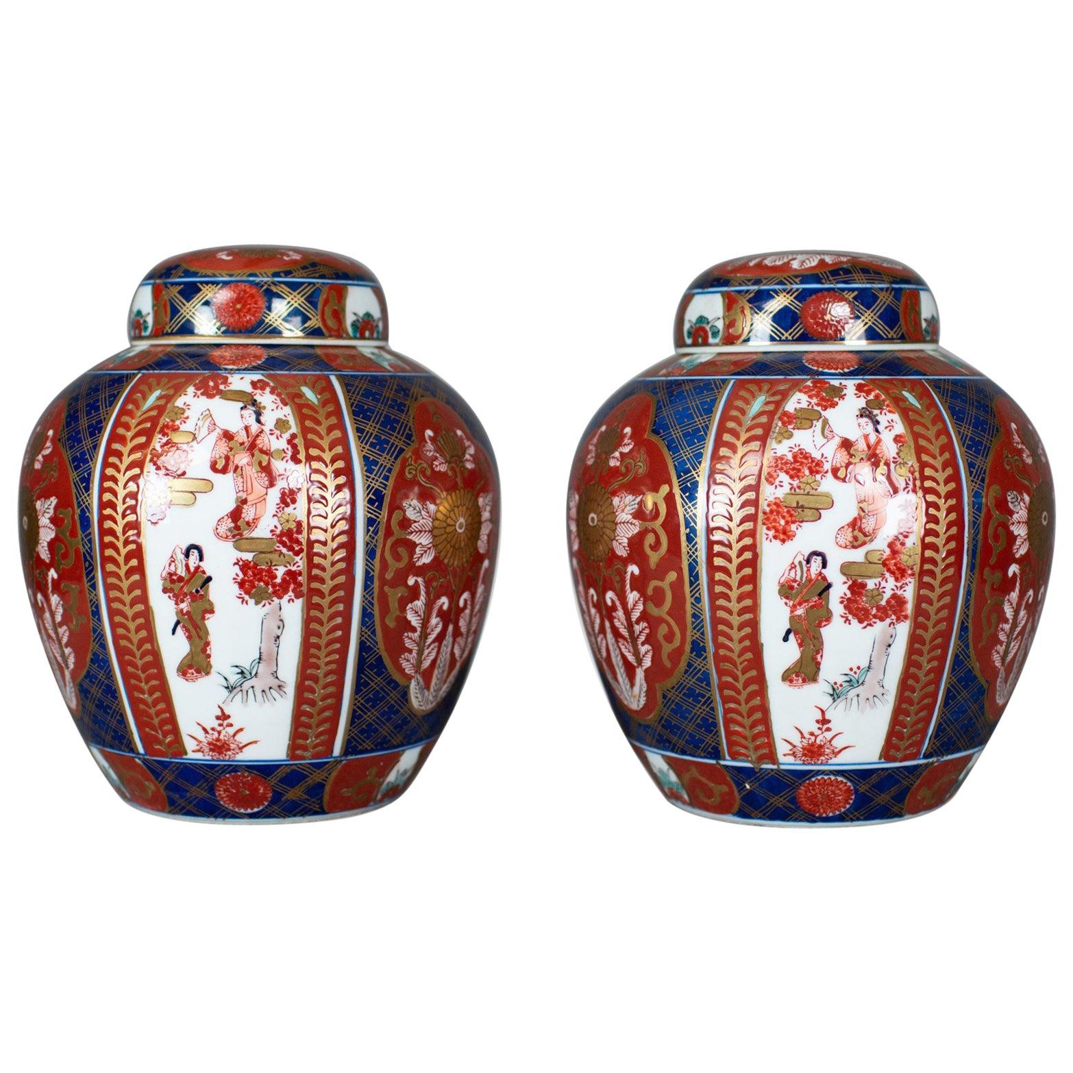 Pair of Imari Ginger Jars, Porcelain Spice Jars, Mid-Late 20th Century