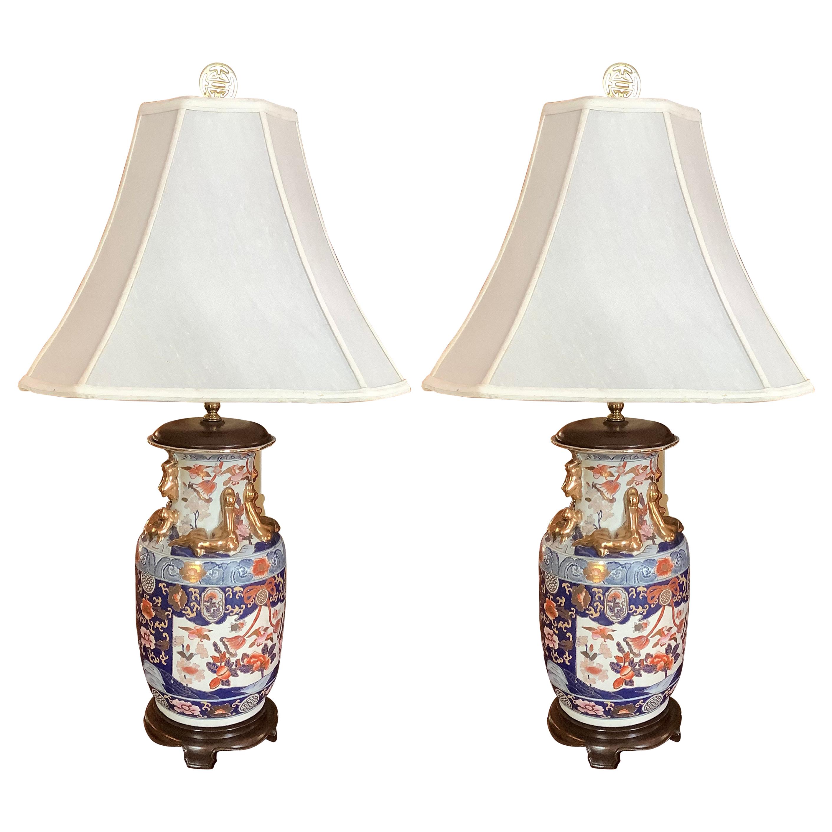 Pair of Imari Style Lamps on Wood Bases, 20th Century