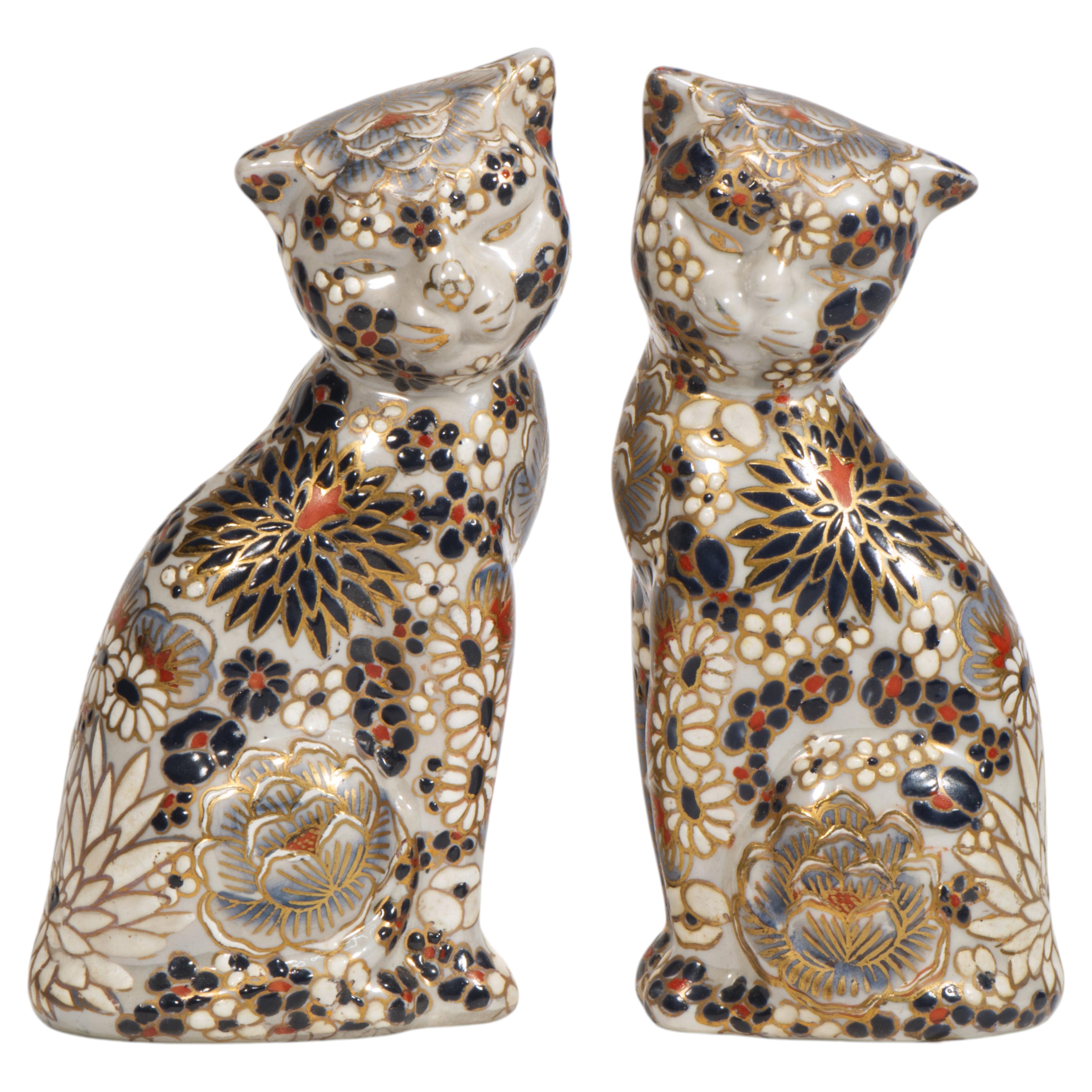Pair of Imari Style Sitting Cat Sculptures, Hand-painted Porcelain