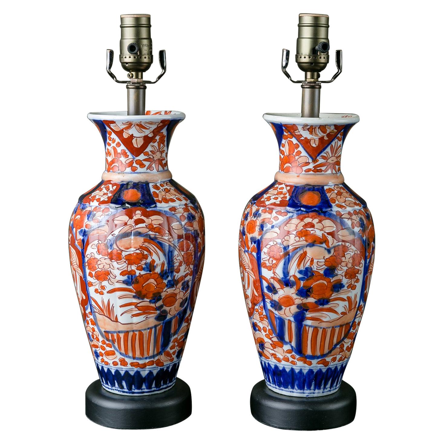Pair of Imari Table Lamps with Simple Geometric Pattern