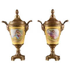 Pair of Imperial Cassolettes, Bronze, Porcelain, Mid-19th Century