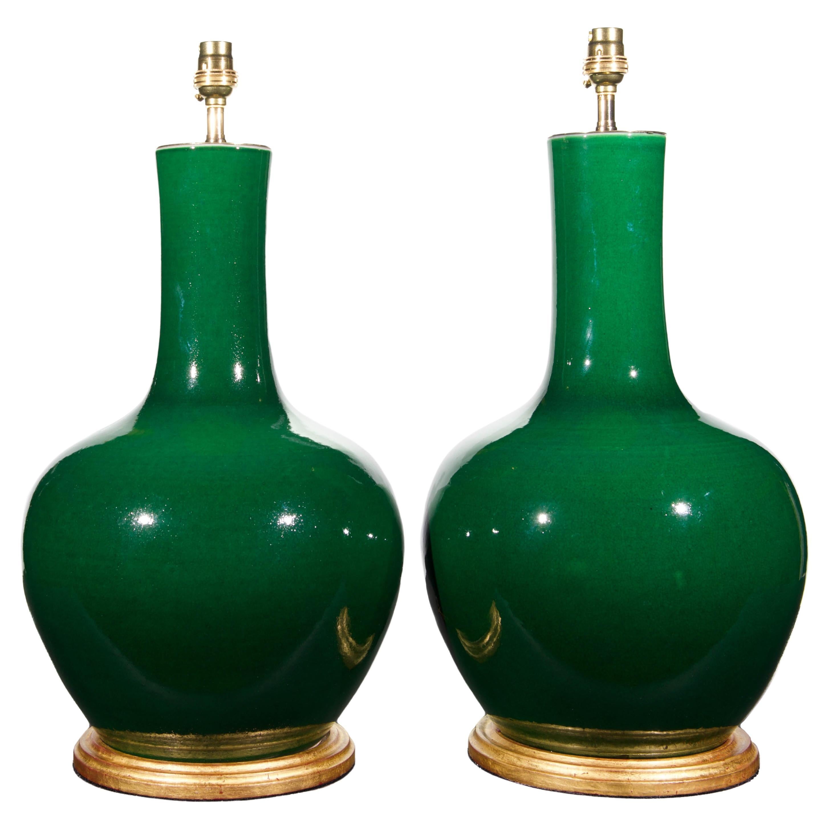 Pair of Imperial Green Porcelain Straight Neck Table Lamps