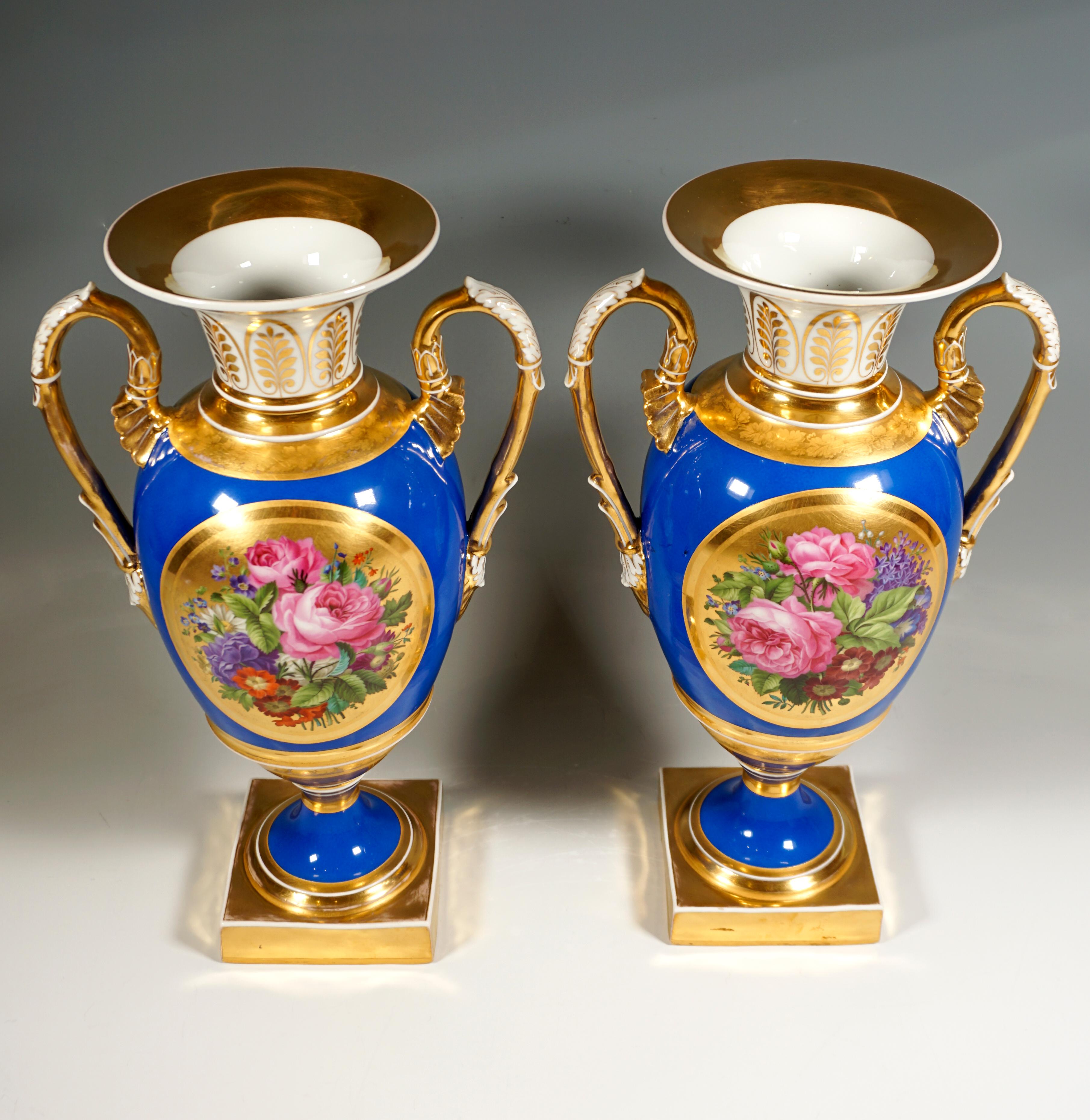 Biedermeier Pair of Imperial Vienna Amphora Vases, Rich Bouquet Painting, Leopold Lieb 1828