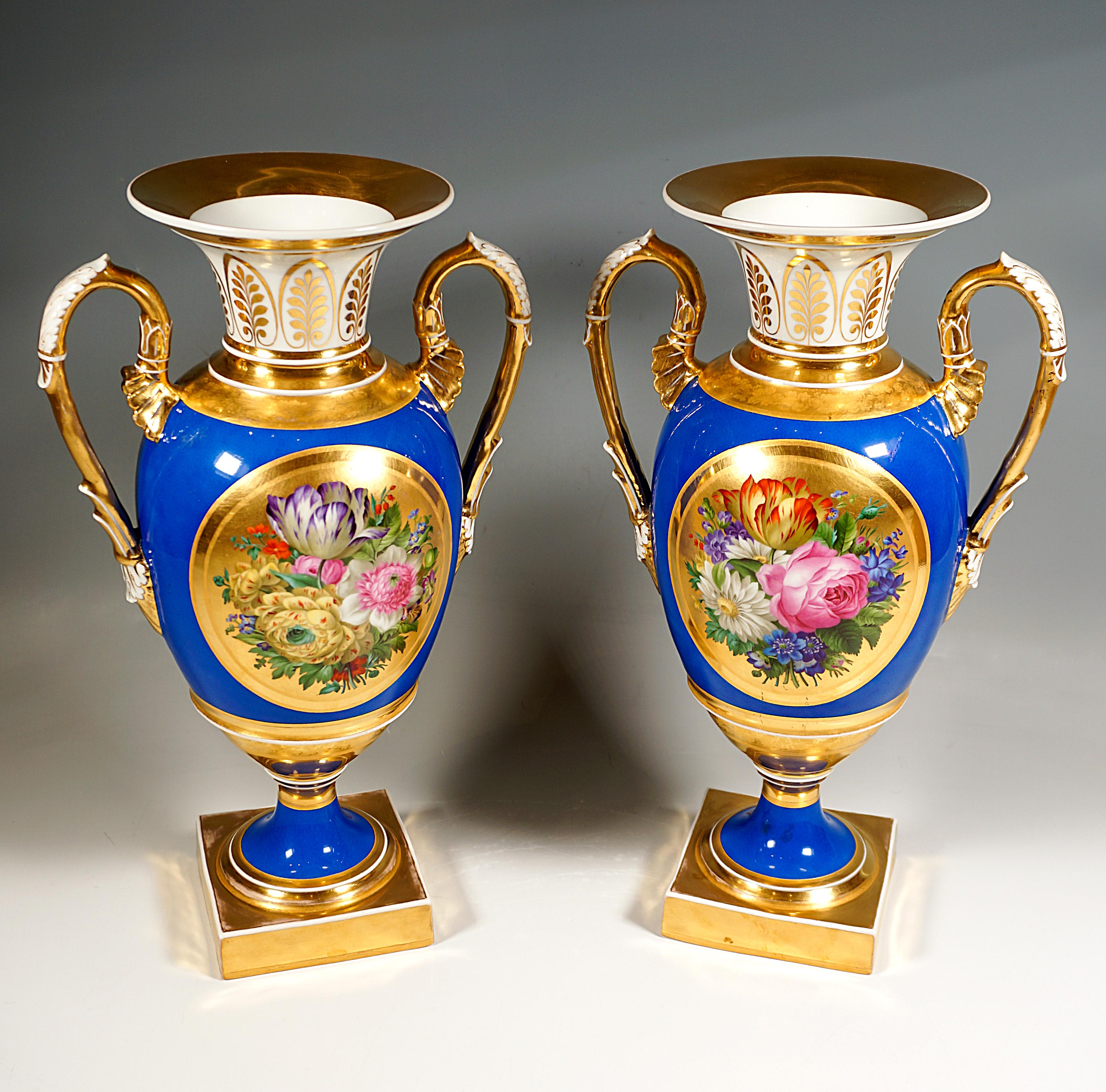 Hand-Crafted Pair of Imperial Vienna Amphora Vases, Rich Bouquet Painting, Leopold Lieb 1828