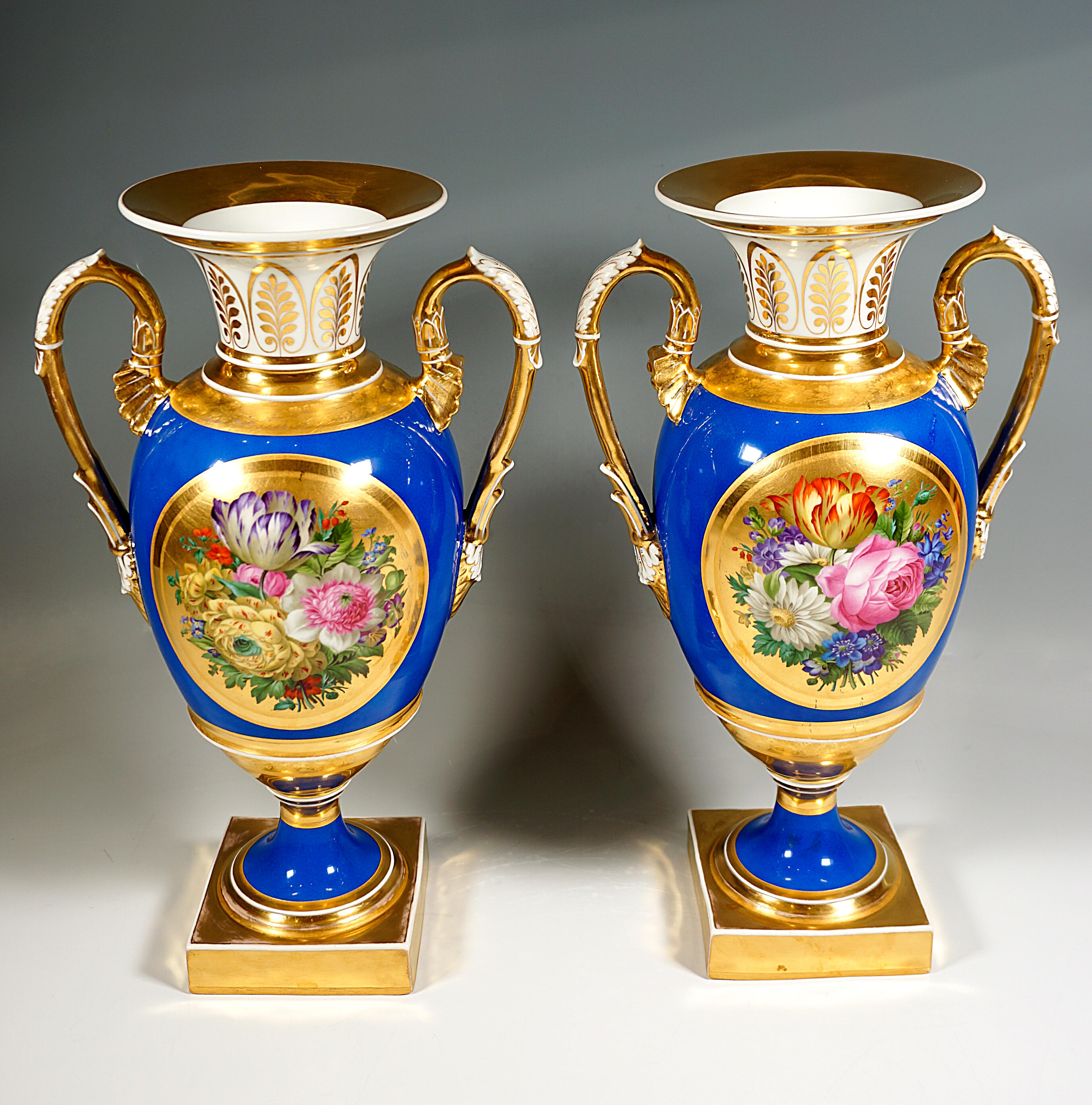 Porcelain Pair of Imperial Vienna Amphora Vases, Rich Bouquet Painting, Leopold Lieb 1828