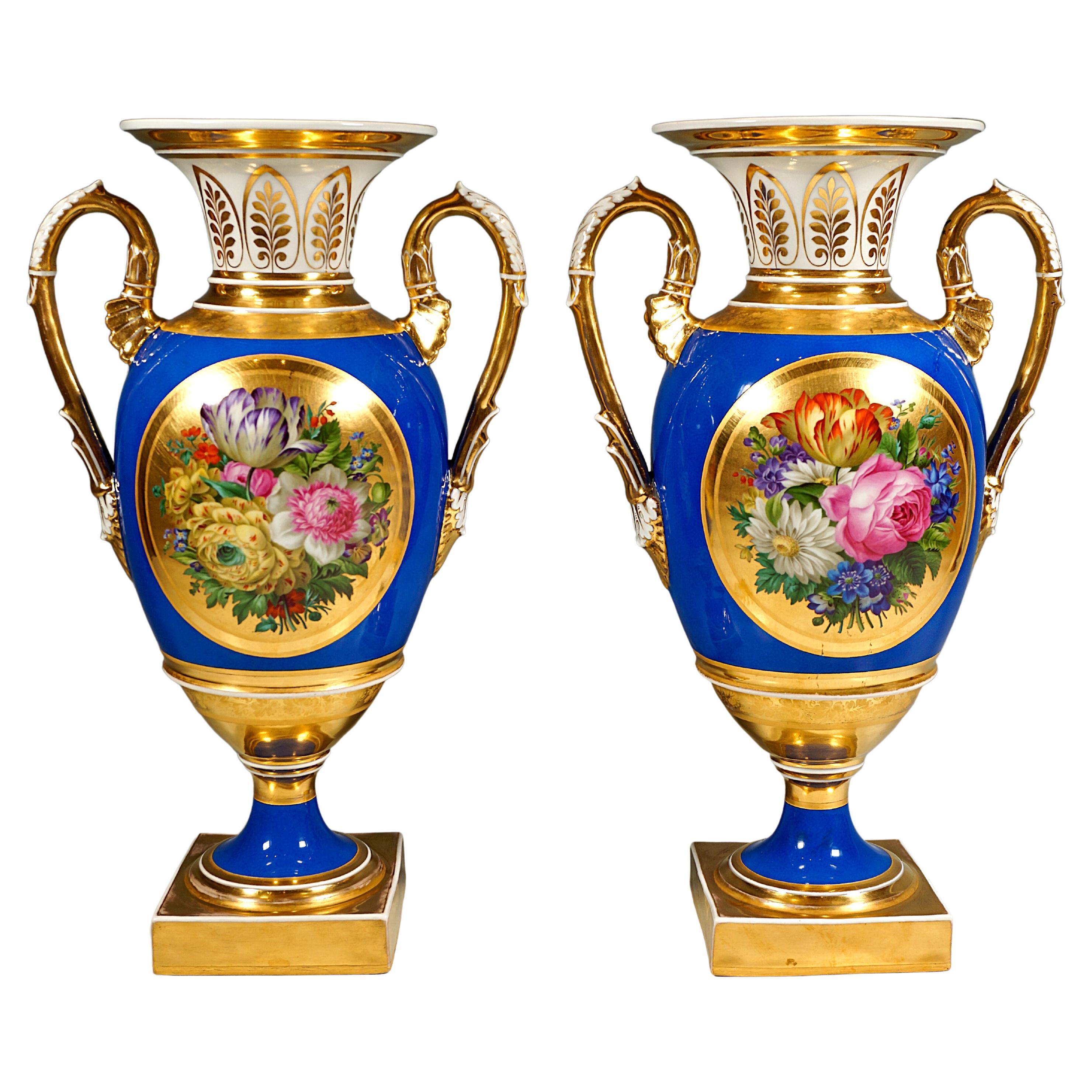 Pair of Imperial Vienna Amphora Vases, Rich Bouquet Painting, Leopold Lieb 1828