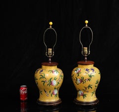 Pair of Imperial Yellow Chinese Cloisonné Peach and Bat Vases Mounted as Lamps