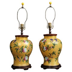 Pair of Imperial Yellow Chinese Cloisonné Peach and Bat Vases Mounted as Lamps