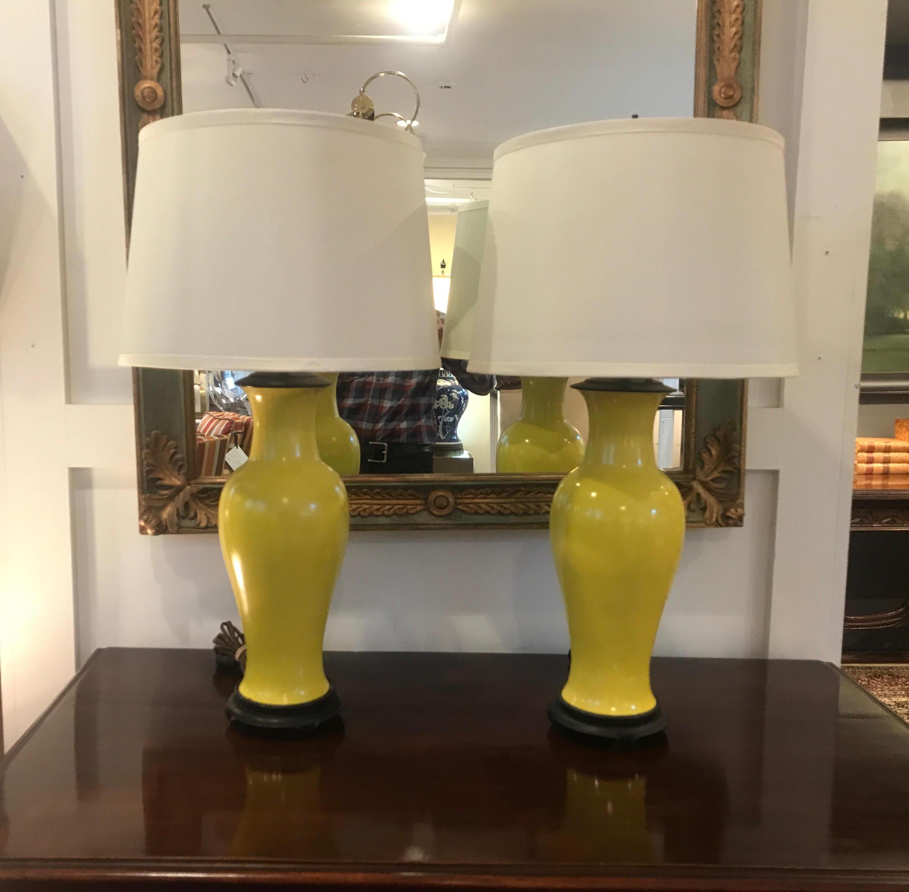 Early 20th Century Pair of Imperial Yellow Chinese Porcelain Lamps