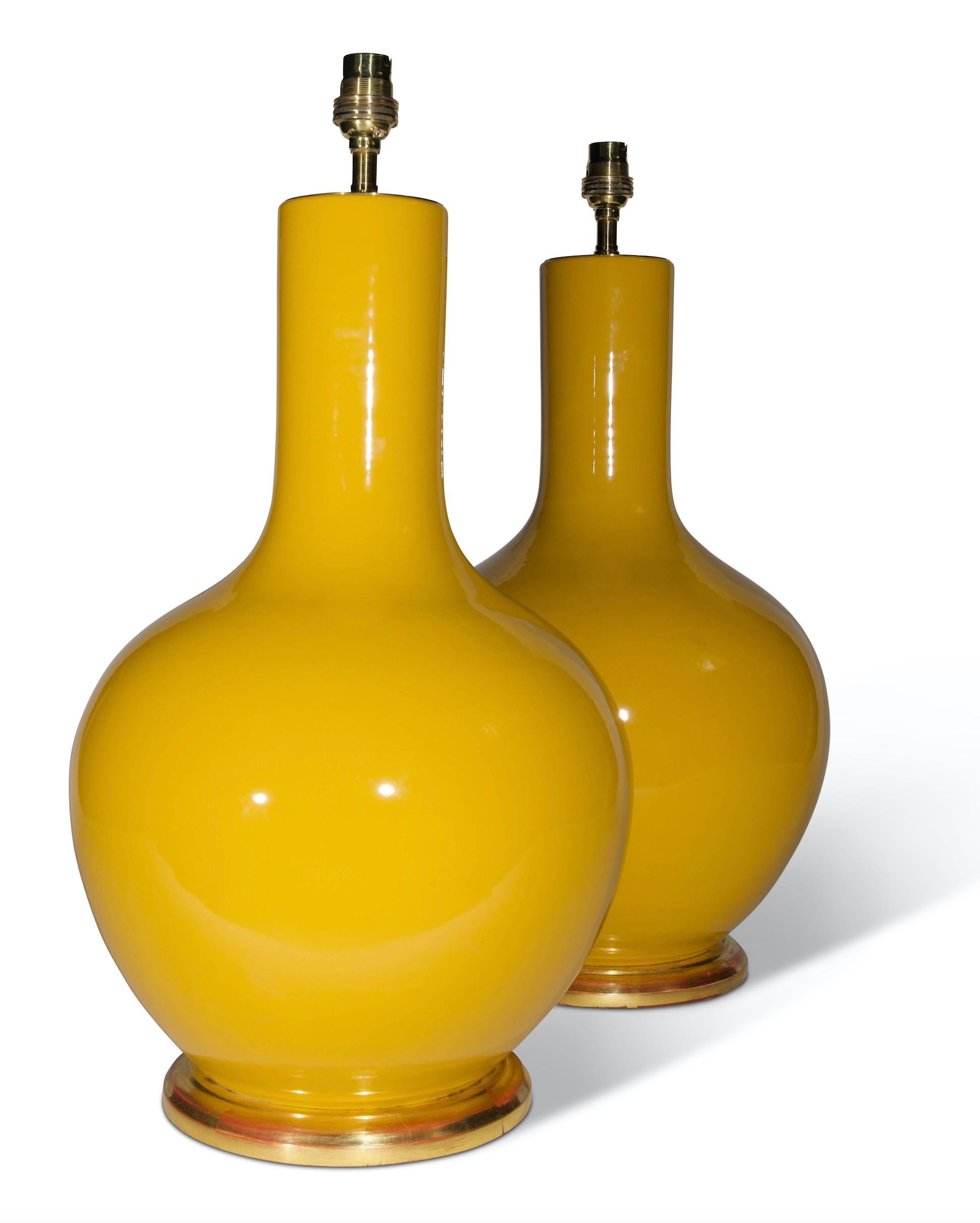 Chinese Pair of Imperial Yellow Porcelain Straight Neck Table Lamps