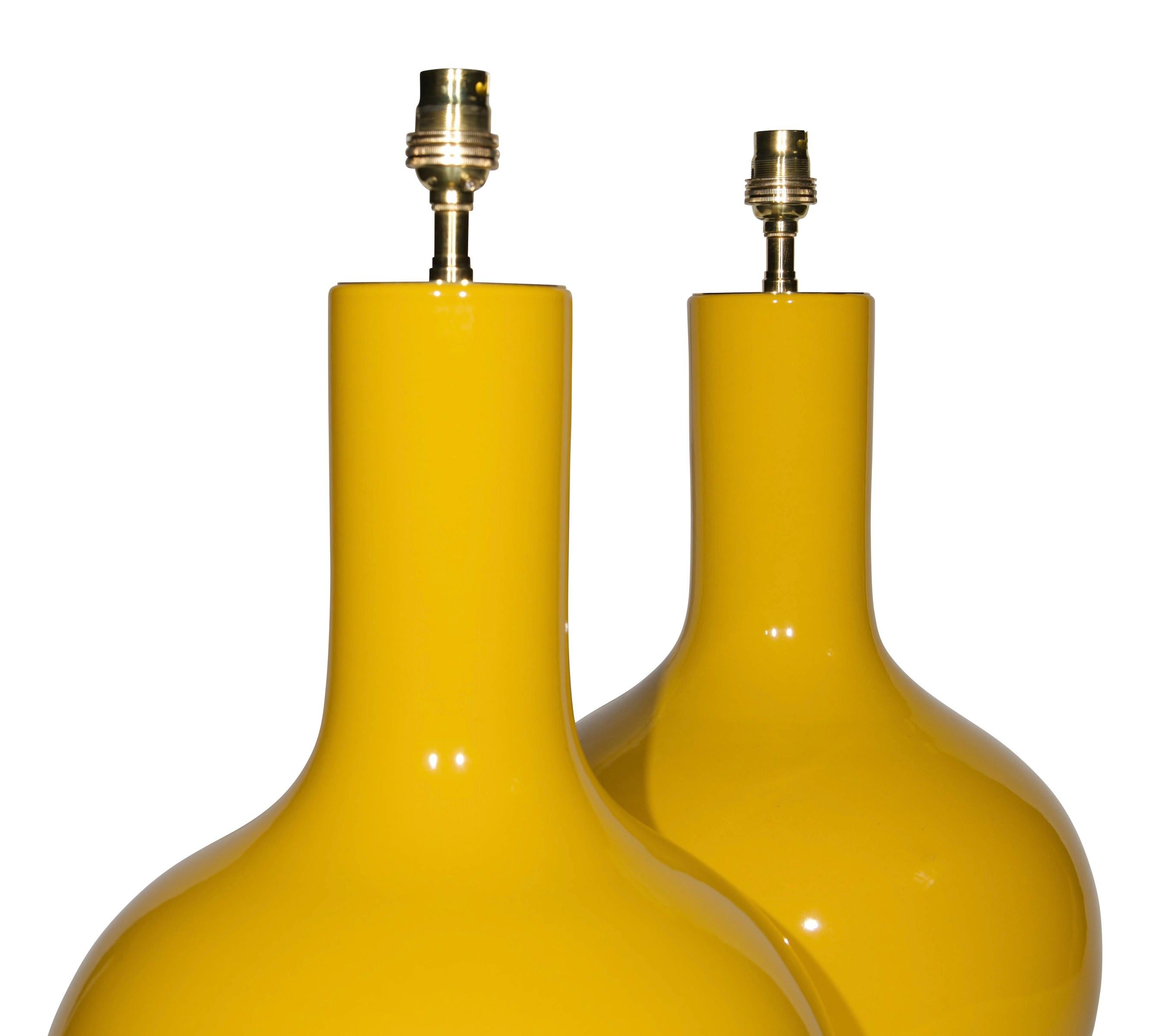 Glazed Pair of Imperial Yellow Porcelain Straight Neck Table Lamps For Sale