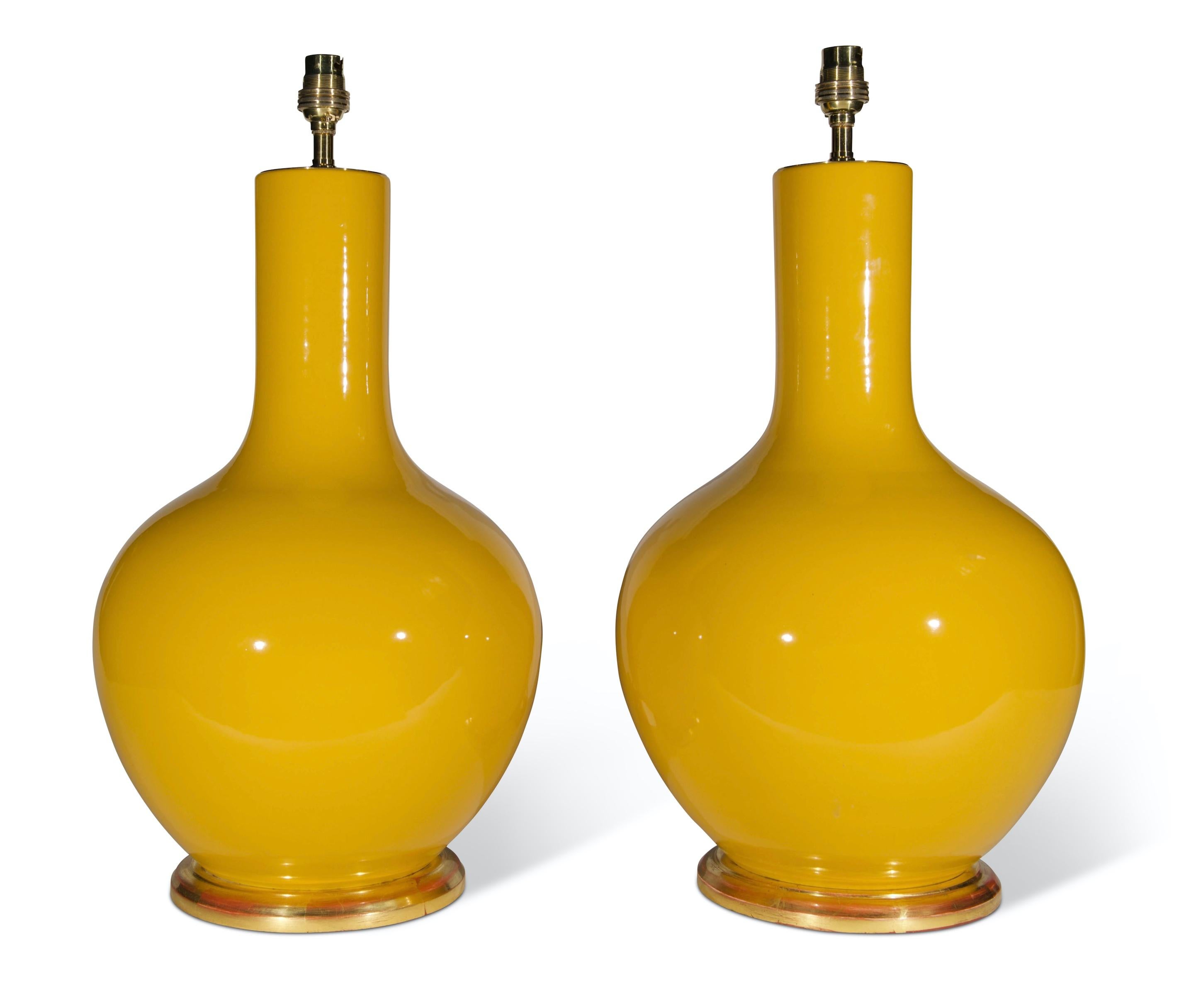 20th Century Pair of Imperial Yellow Porcelain Straight Neck Table Lamps