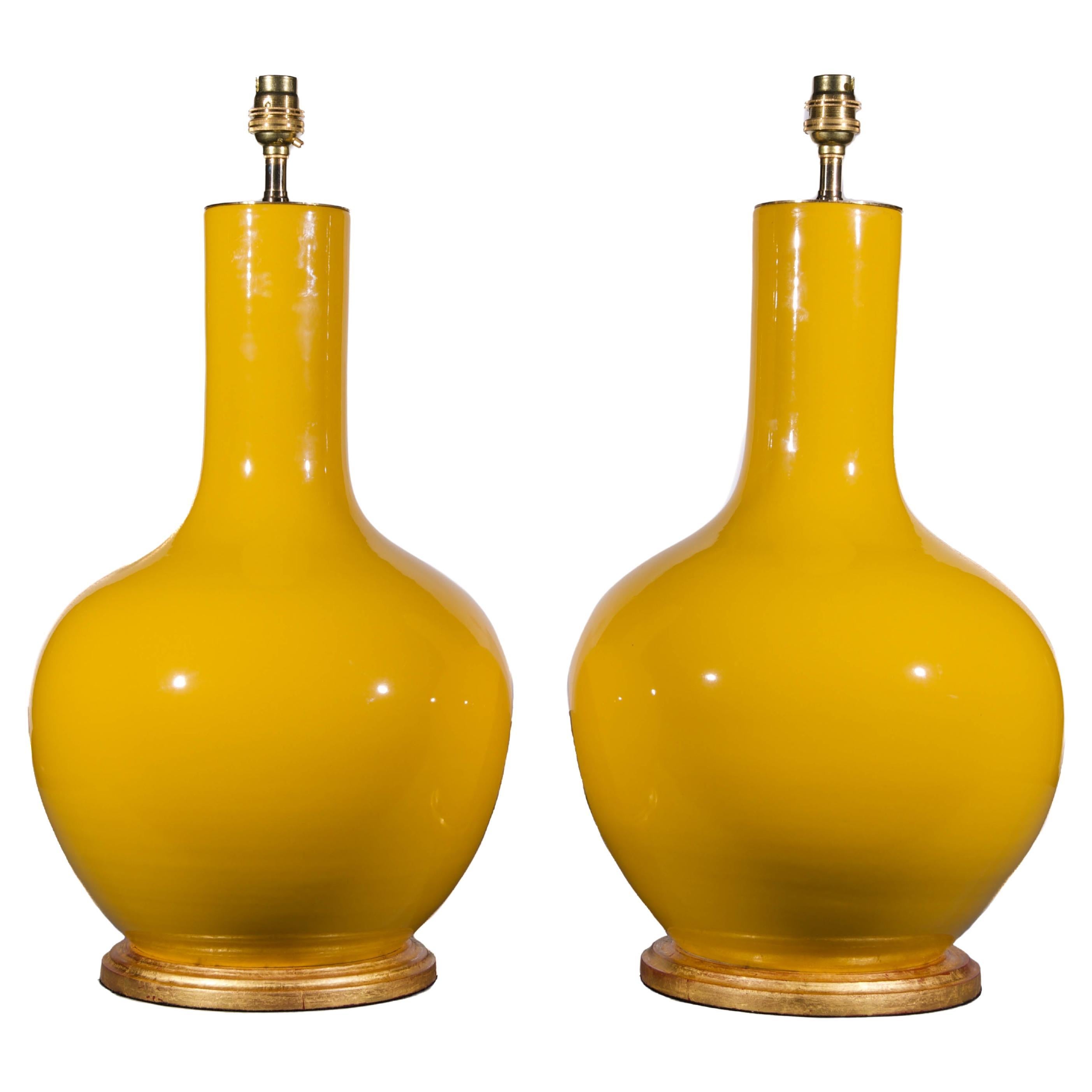 Pair of Imperial Yellow Porcelain Straight Neck Table Lamps