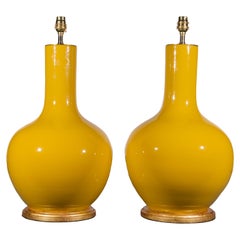 Vintage Pair of Imperial Yellow Porcelain Straight Neck Table Lamps