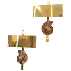 Pair of Important Ammonite and Brass Wall Lights/ Sconces